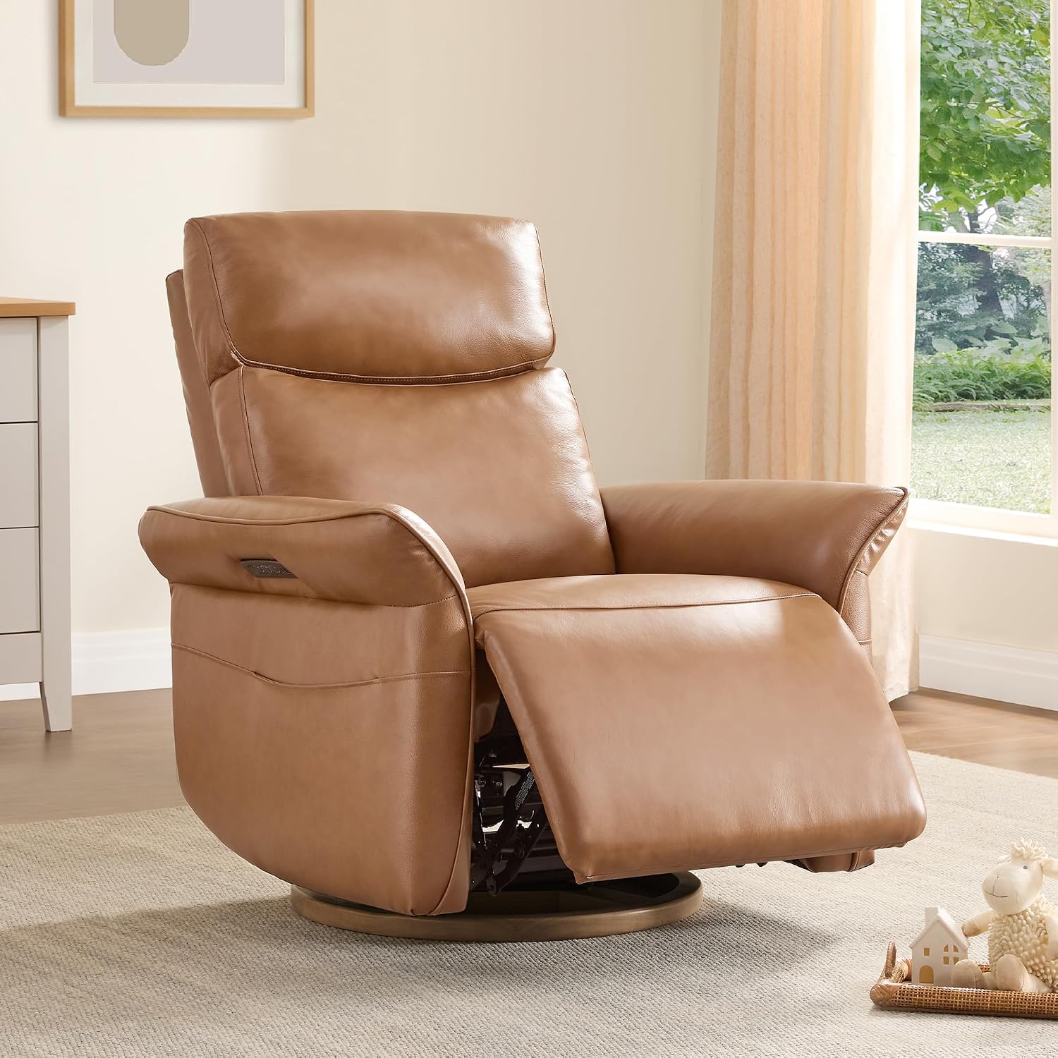 CHITA Genuine Leather Power Recliner Chair, Electric Triple-Motor Swivel Glider Nursery Rocking Chair with Adjustable Power Headrest and Lumbar Support, GREENGARD Gold Certified, Saddle Brown