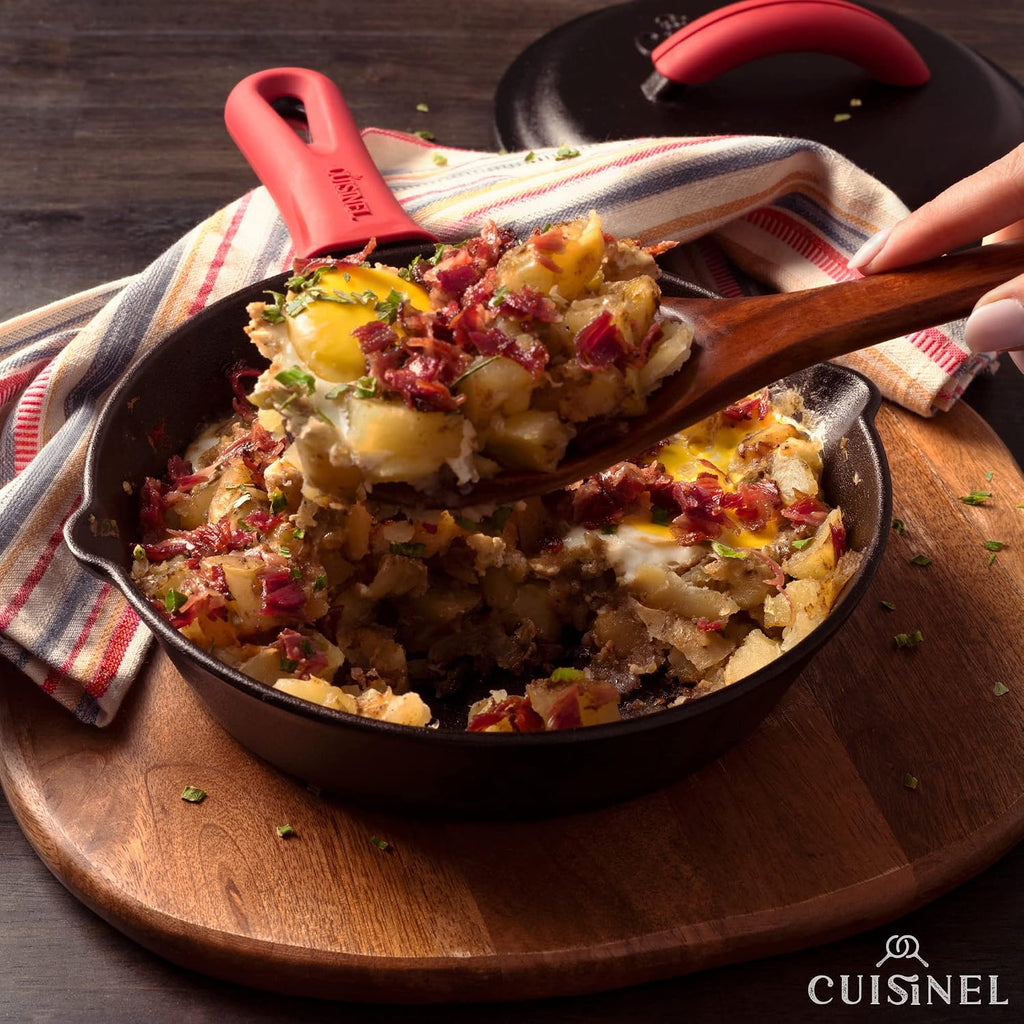 Cuisinel Cast Iron Skillets Set with Lids - 8'+10'+12'-inch Pre-Seasoned Covered Frying Pan Set + Silicone Handle and Lid Holders + Scraper/Cleaner - Indoor/Outdoor, Oven, Stovetop, Fire Safe Cookware