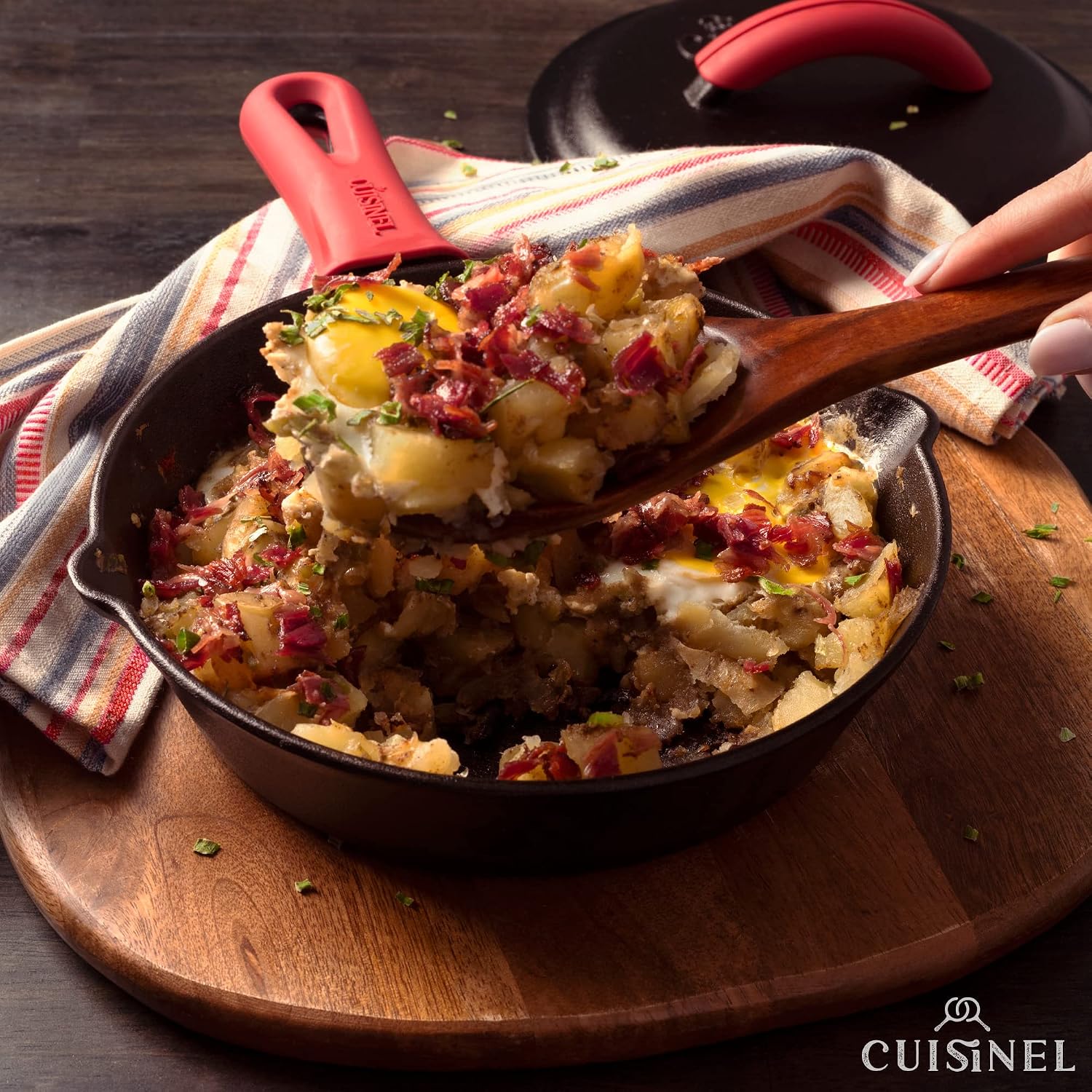 Cuisinel Cast Iron Skillets Set with Lids - 8'+10'+12'-inch Pre-Seasoned Covered Frying Pan Set + Silicone Handle and Lid Holders + Scraper/Cleaner - Indoor/Outdoor, Oven, Stovetop, Fire Safe Cookware