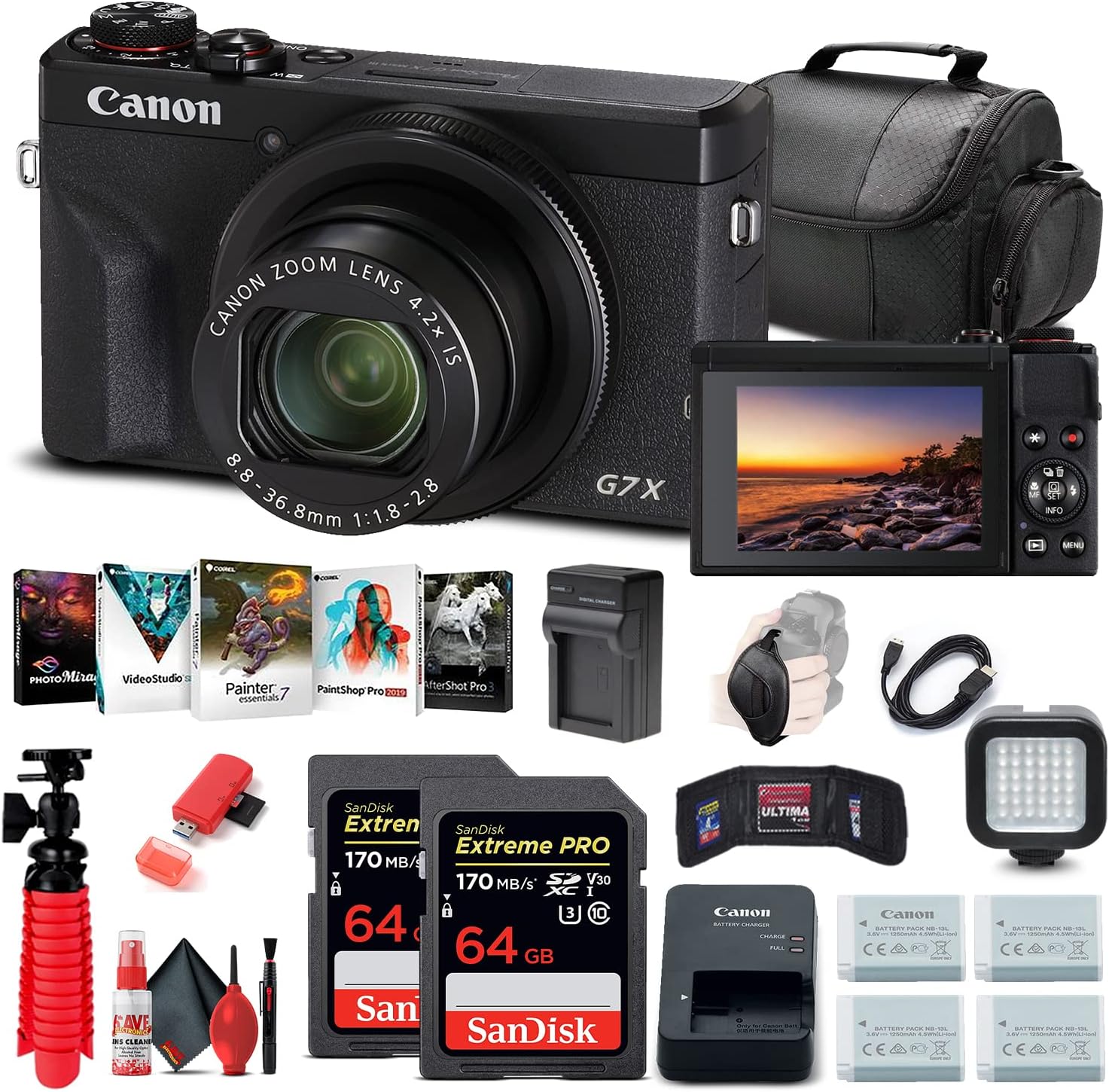 Canon PowerShot G7 X Mark III Digital Camera (Black) (3637C001) + 2 x 64GB Memory Card + 3 x NB13L Battery + Corel Photo Software + Charger + Card Reader + LED Light + More (Renewed)