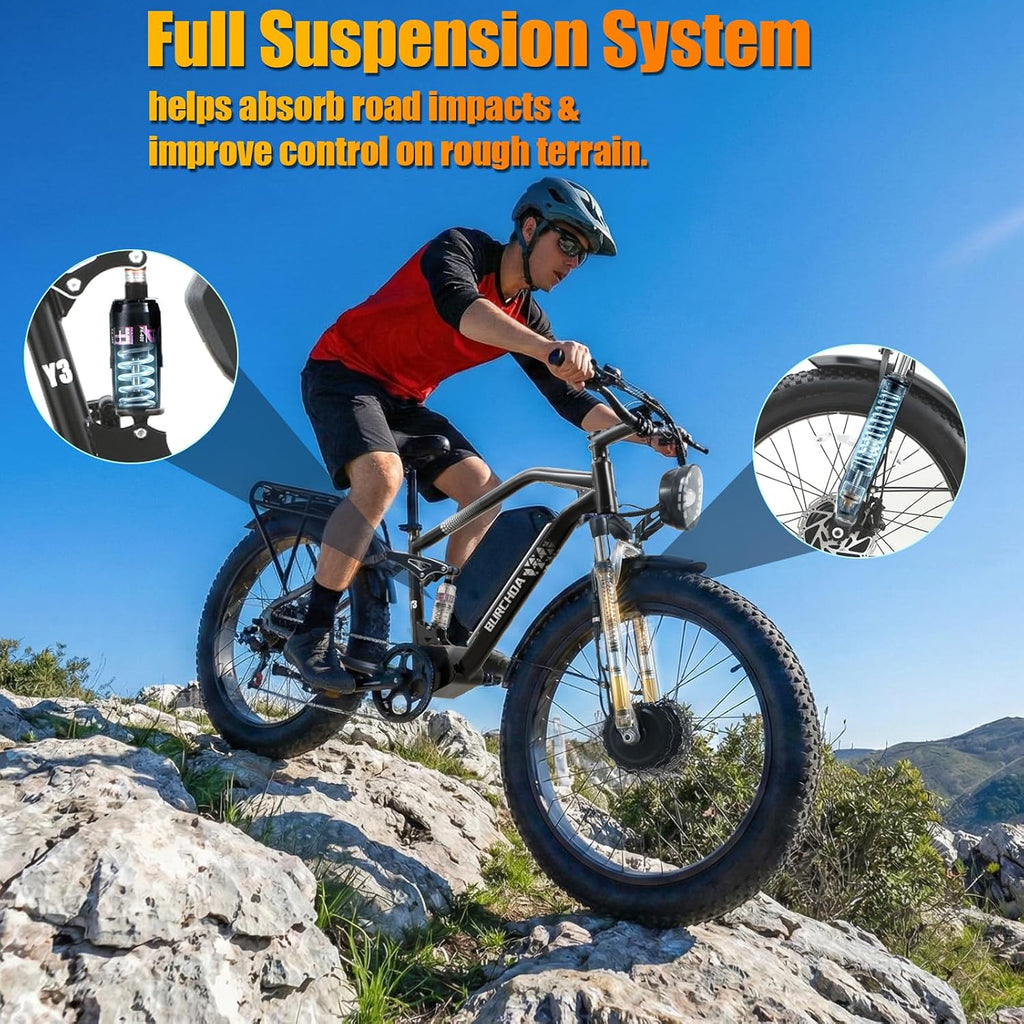 DAMSON Electric Bike for Adults Dual Motor AWD 5000W/3000W/1500W Peak 40MPH/30MPH Dirt Ebike, 52V/48V Max-Output Up to 65/80/120/160 Miles Long Range, 26' Full Suspension Fat Tire Mountains Bicycle