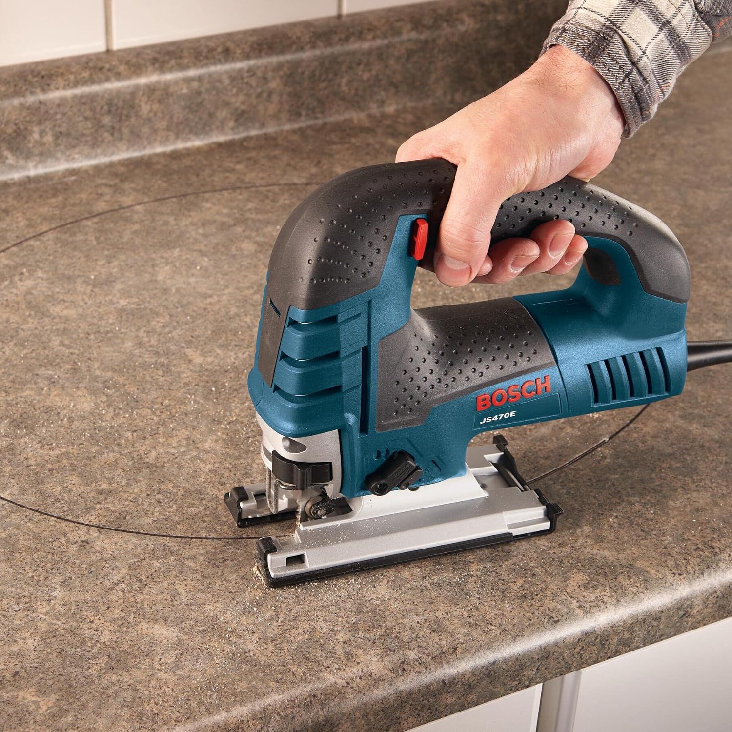 BOSCH Top-Handle Jig Saw 7.0 Amp, 3,100 SPM, 45 Degree Beveled Cuts, Variable-Speed Control, Ergonomic Design, Corded (JS470E)
