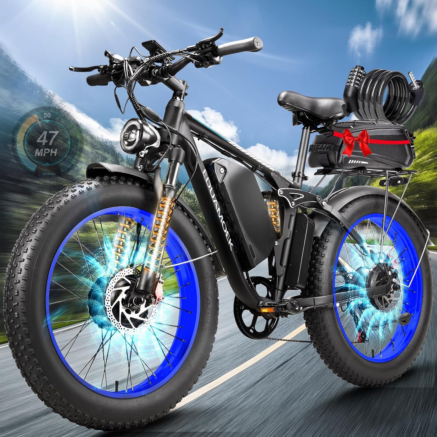 9000W-Peak-Dual-Motor-Ebike for Adults-Women,52V 34AH 1768Wh Battery Full Suspension Snow Mountain Bike,47MPH Fast E Bike,24 * 4.0 AWD Off-Road-Fat-Tire-Electric-Bicycle