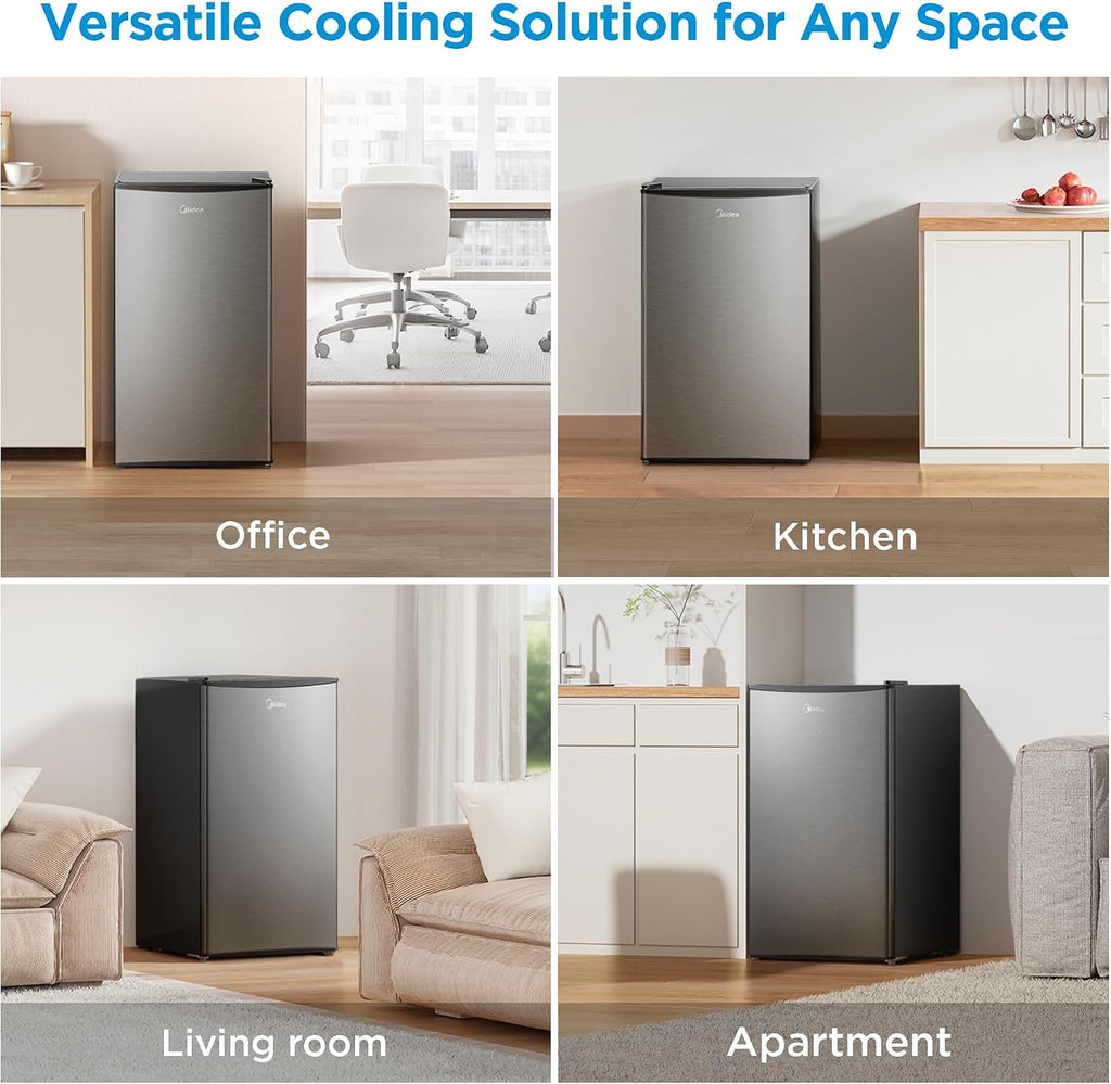 Midea MERM33S1AST Mini Fridge, 3.3 Cu.ft Compact Fridge with Internal Light, Adjustable Thermostat, Reversible Door, Low Noise for Dorm, Office, Bedroom, Stainless Steel