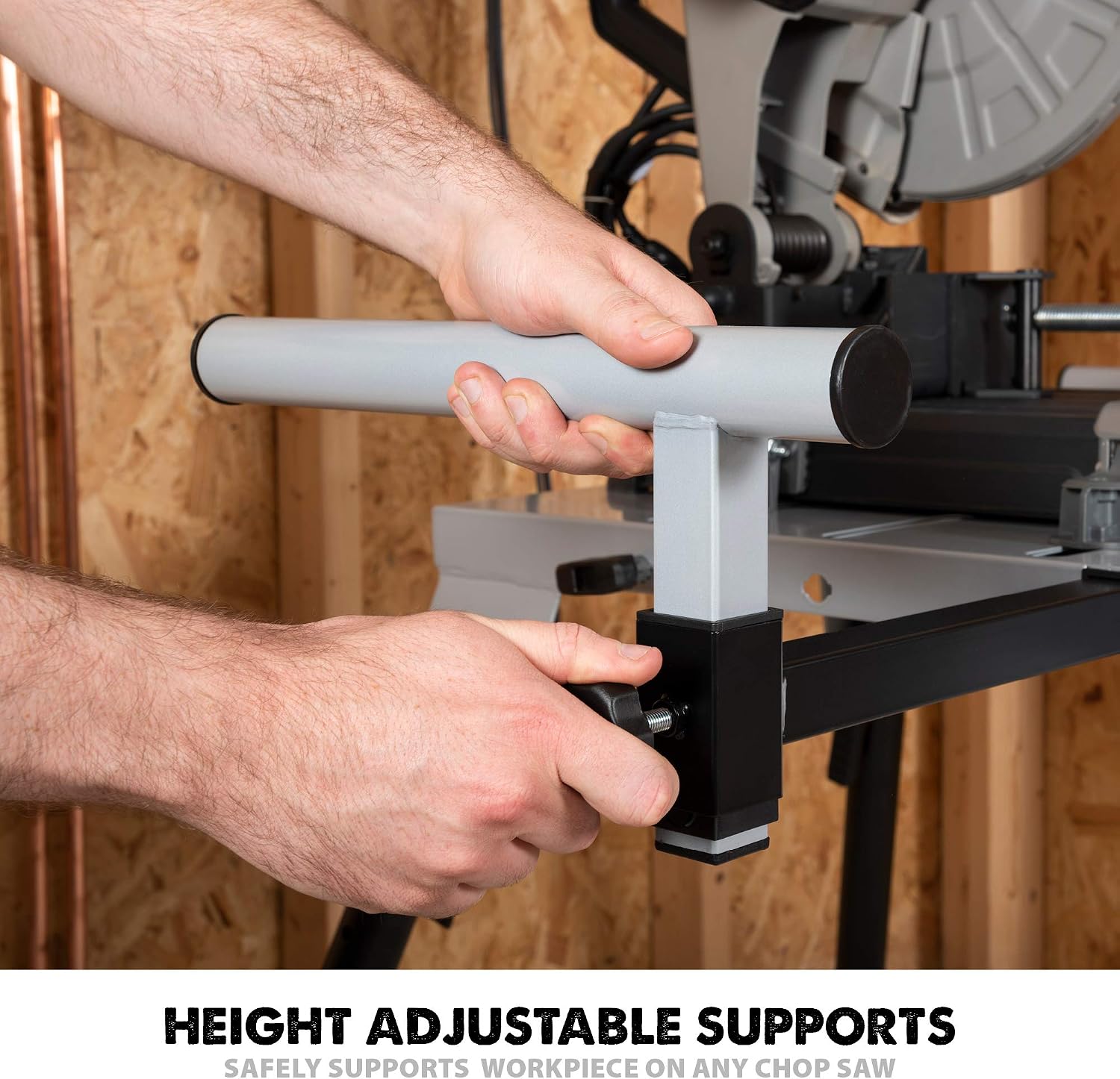 Evolution Power Tools 005-0002 Chop Saw Stand with Universal Fitting, Height Adjustable, 3M Extendable Arms & Supports Upto 225KG,Black/ Silver