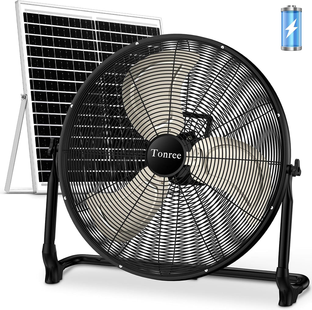 20' Large Solar Fan, Portable Battery Operated Floor Fan, 50W Rechargeable Solar Powered Wireless Camping Fan Outdoor, Waterproof, Hi-airflow, Cordless, for Outside Home Garage Gym Patio Travel