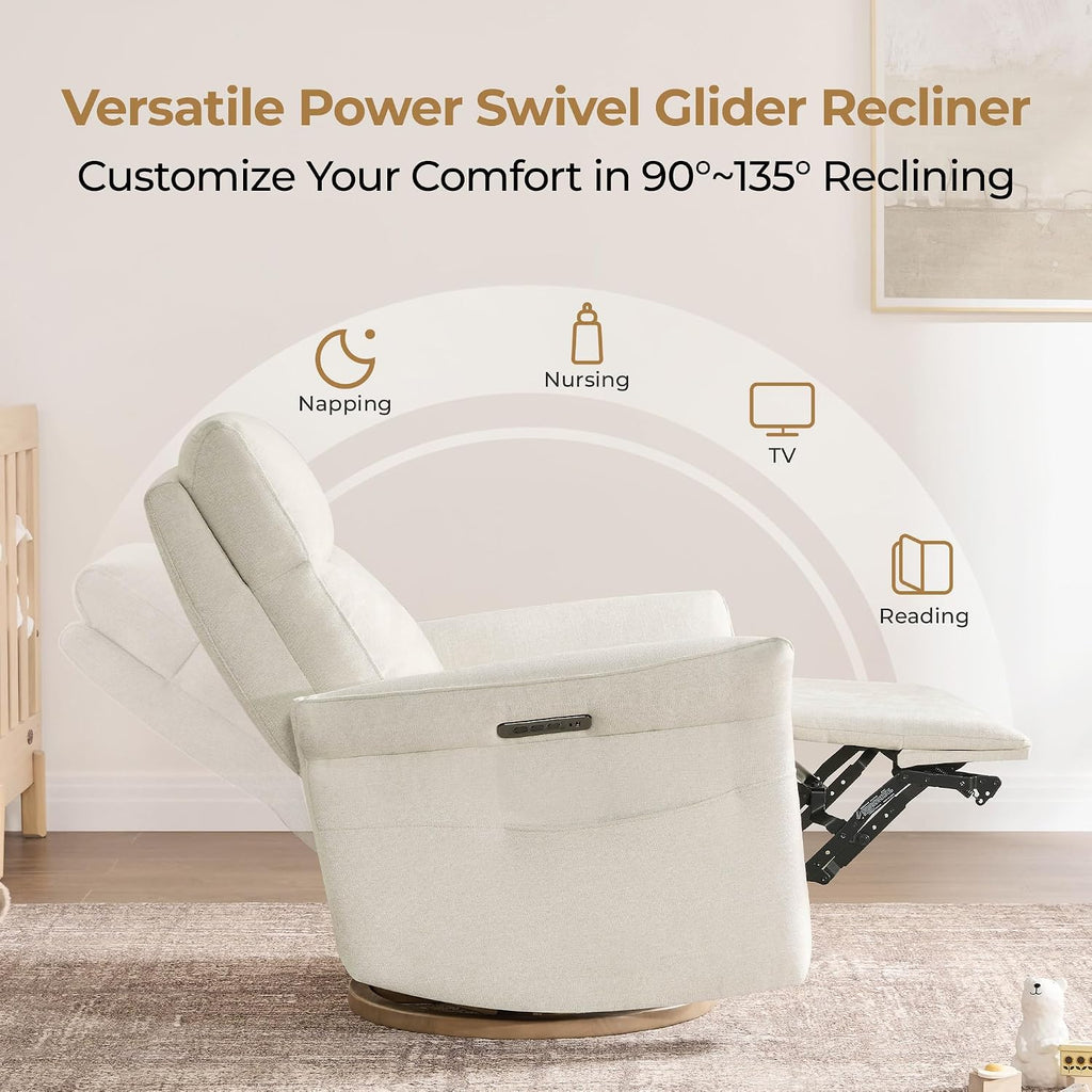 CHITA Power Recliner Chair, Electric Triple-Motor Swivel Glider Nursery Rocking Chair with Adjustable Power Headrest and Lumbar Support, GREENGARD Gold Certified, Solid Wood Base, Linen