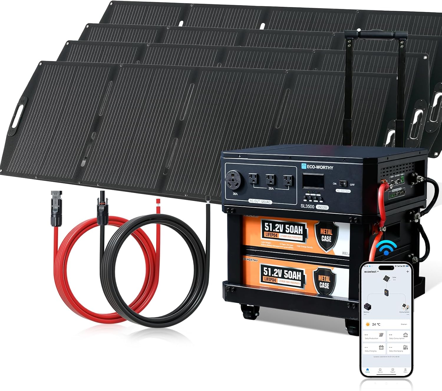 ECO-WORTHY 5120Wh Portable Power Station SL3500 with 4×200W Portable Solar Panels, 120V 3500W AC Output Camping Kit Emergency Backup Home Blackout RV