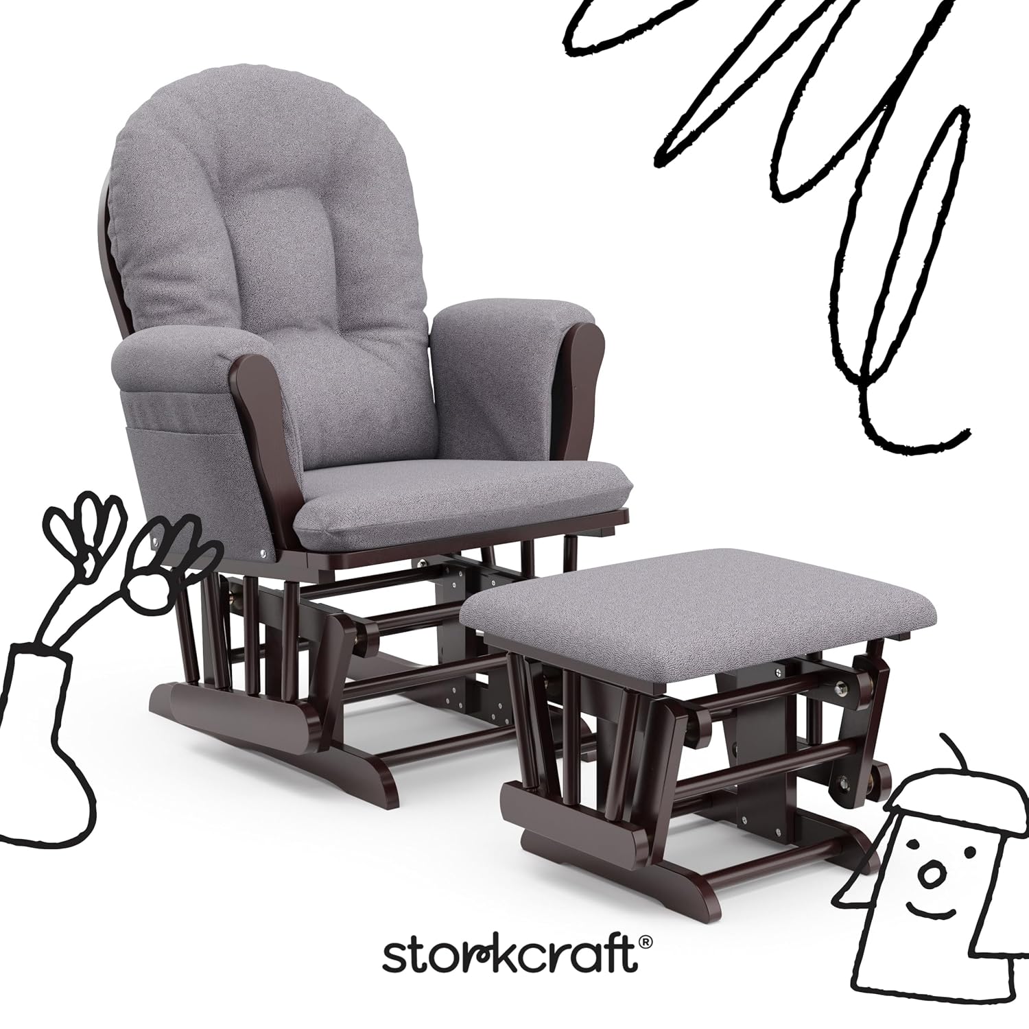 Storkcraft Premium Hoop Glider & Ottoman (Espresso/Gray Swirl) — GREENGUARD Gold Certified Nursery Glider, Solid Wood Craftsmanship, Smooth-Gliding Nursery Chair and Ottoman, Award-Winning