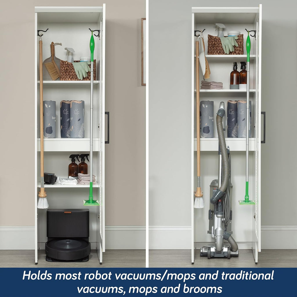 Sauder Homeplus Robot Vacuum Kitchen Pantry Storage Cabinet, Single Door with Adjustable Shelves, in Soft White