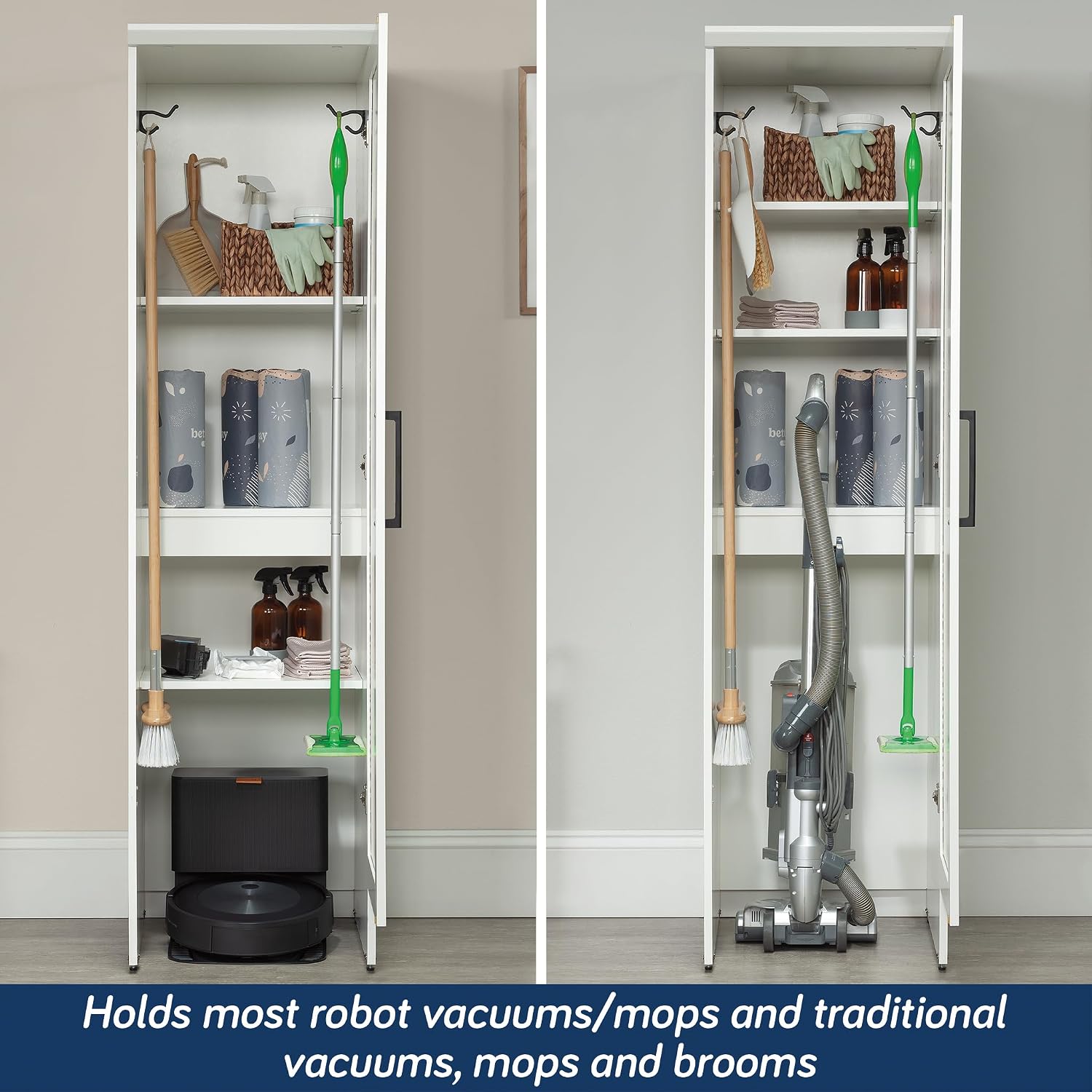 Sauder Homeplus Robot Vacuum Kitchen Pantry Storage Cabinet, Single Door with Adjustable Shelves, in Soft White