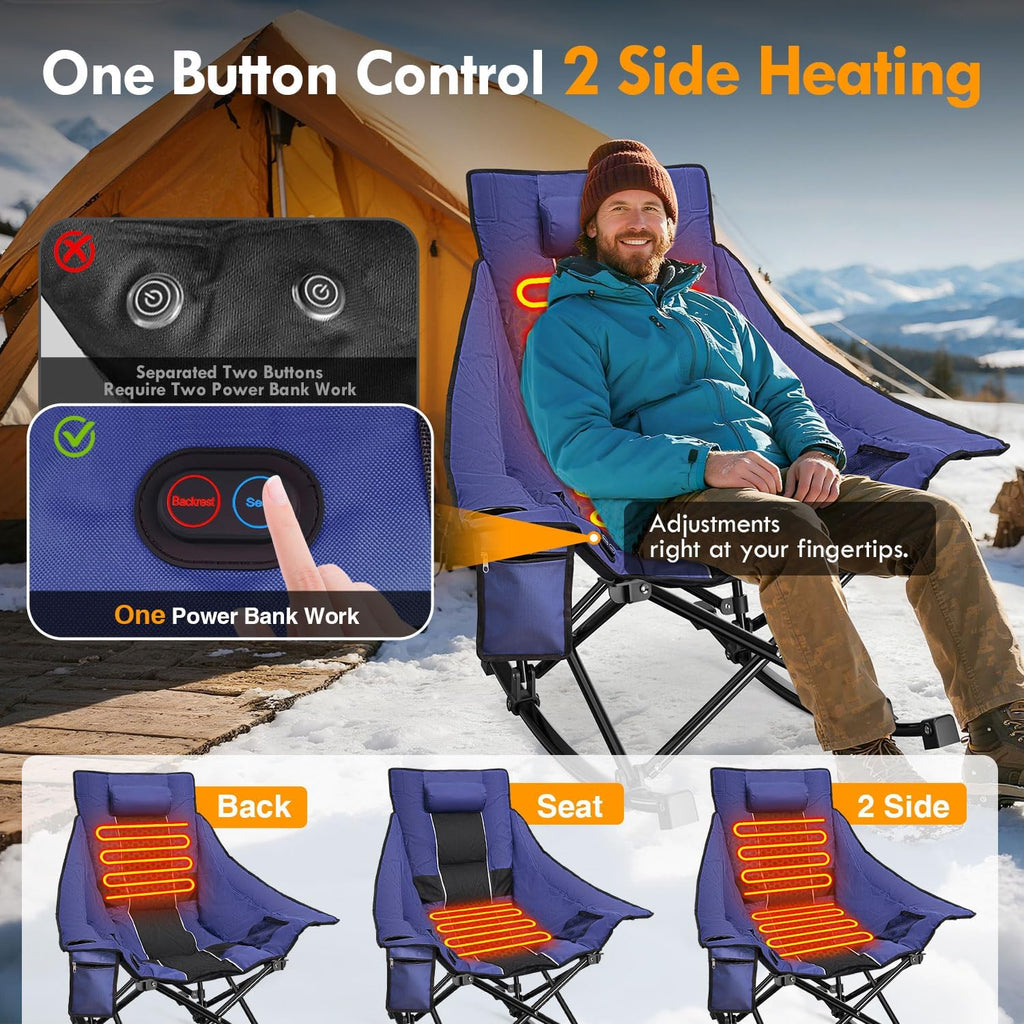 Slendor Oversized Heated Camping Chair with 2000mAh Battery, Padded & Pillow Heated Rocking Chair, 3 Adjustable Heat Settings Camping Rocker Chair for Easy Setup and Foldable Storage