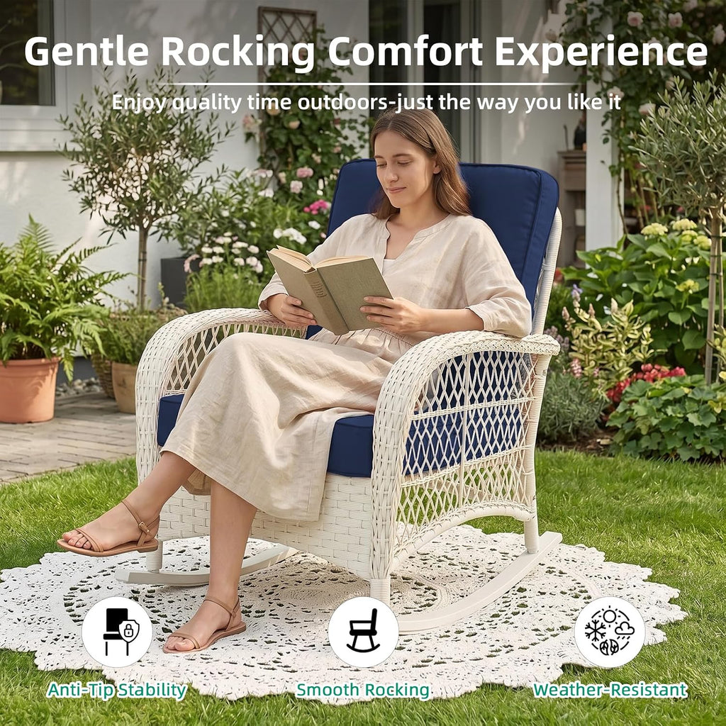 VIVIJASON Outdoor Wicker Rocking Chair, Patio Rattan Rocker Chair with Cushions & Steel Frame, All-Weather Rocking Lawn Furniture for Garden Backyard Porch, Cream White/Navy Blue