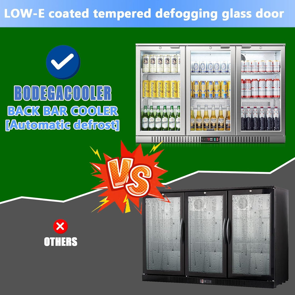 BODEGA BODEGACOOLER Back Bar Cooler, 11.4 Cu.Ft Stainless Steel Commercial Bar Fridge with 3 Glass Doors,Counter Height Bar Beverage Cooler with LED Lighting for Beer,Soda Drinks,Wine