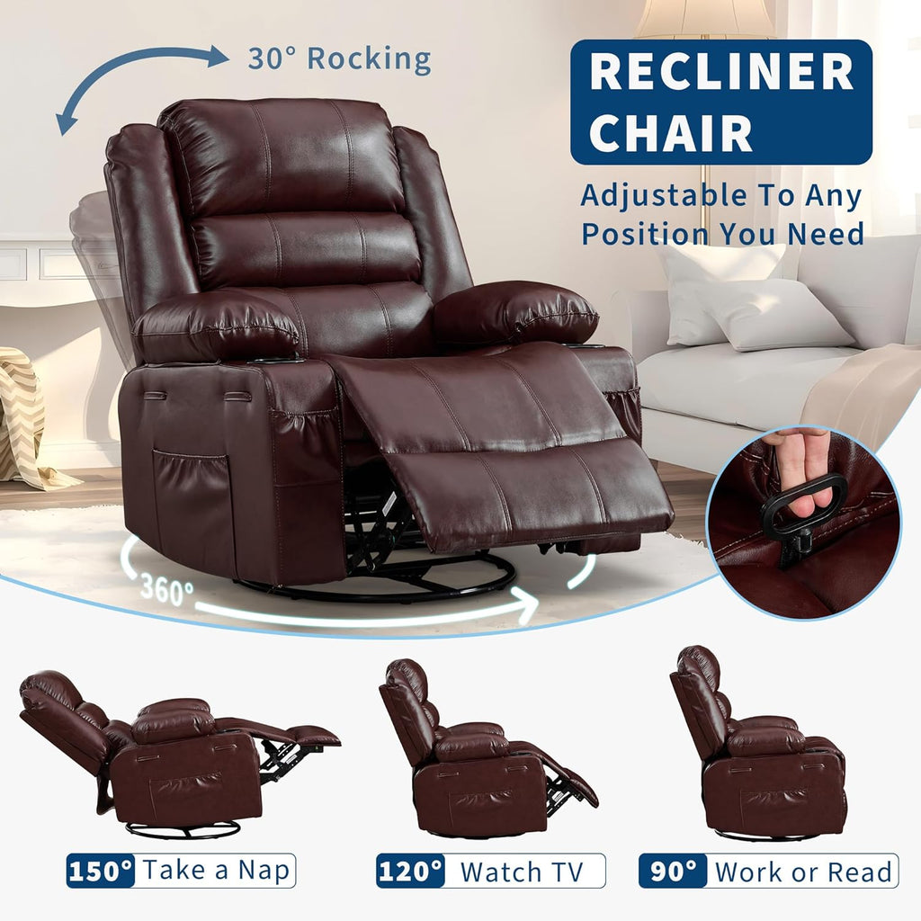 Garvee Rocking Recliner Chair for Adults 360° Swivel Rocker Recliner with Cup Holder Wide Nursery Glider with Upholstered Deep Seat PU Leather Comfy Single Sofa for Living Room Coffee