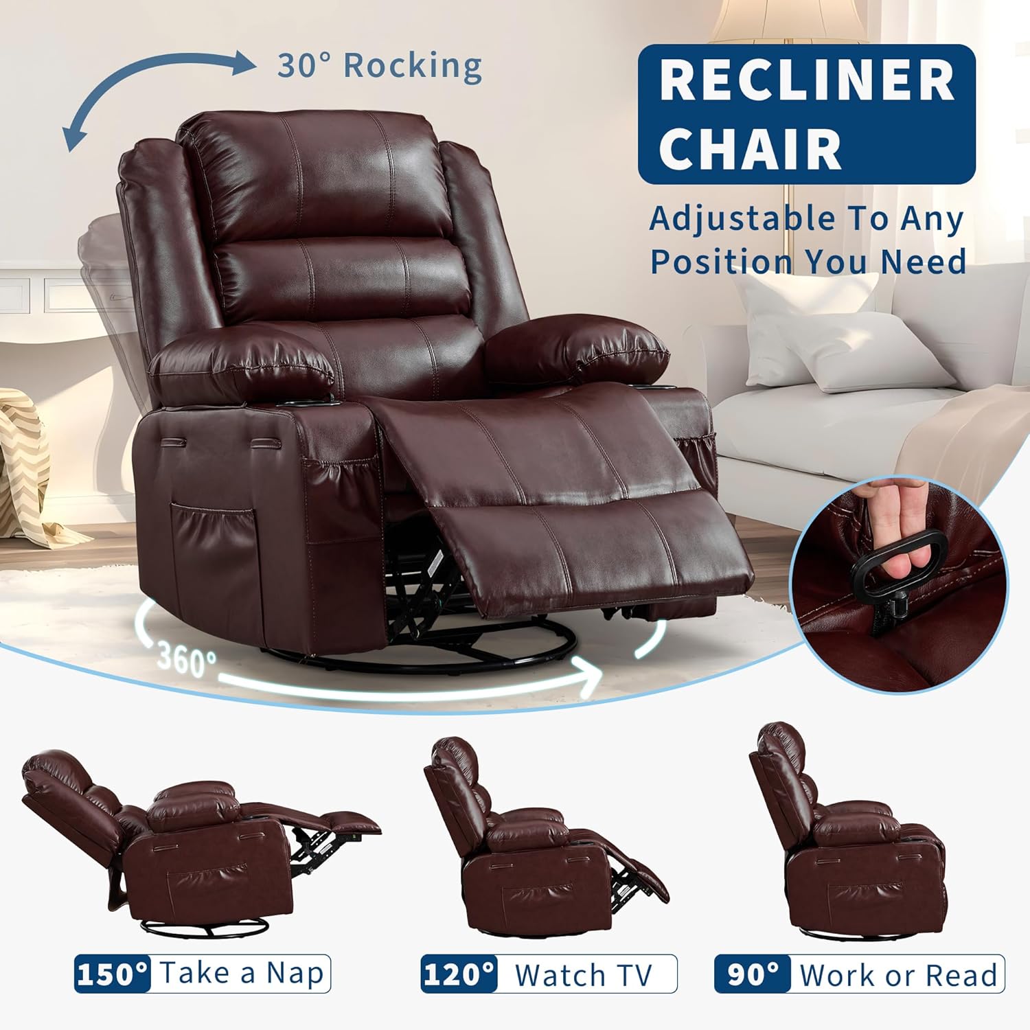 Garvee Rocking Recliner Chair for Adults 360° Swivel Rocker Recliner with Cup Holder Wide Nursery Glider with Upholstered Deep Seat PU Leather Comfy Single Sofa for Living Room Coffee
