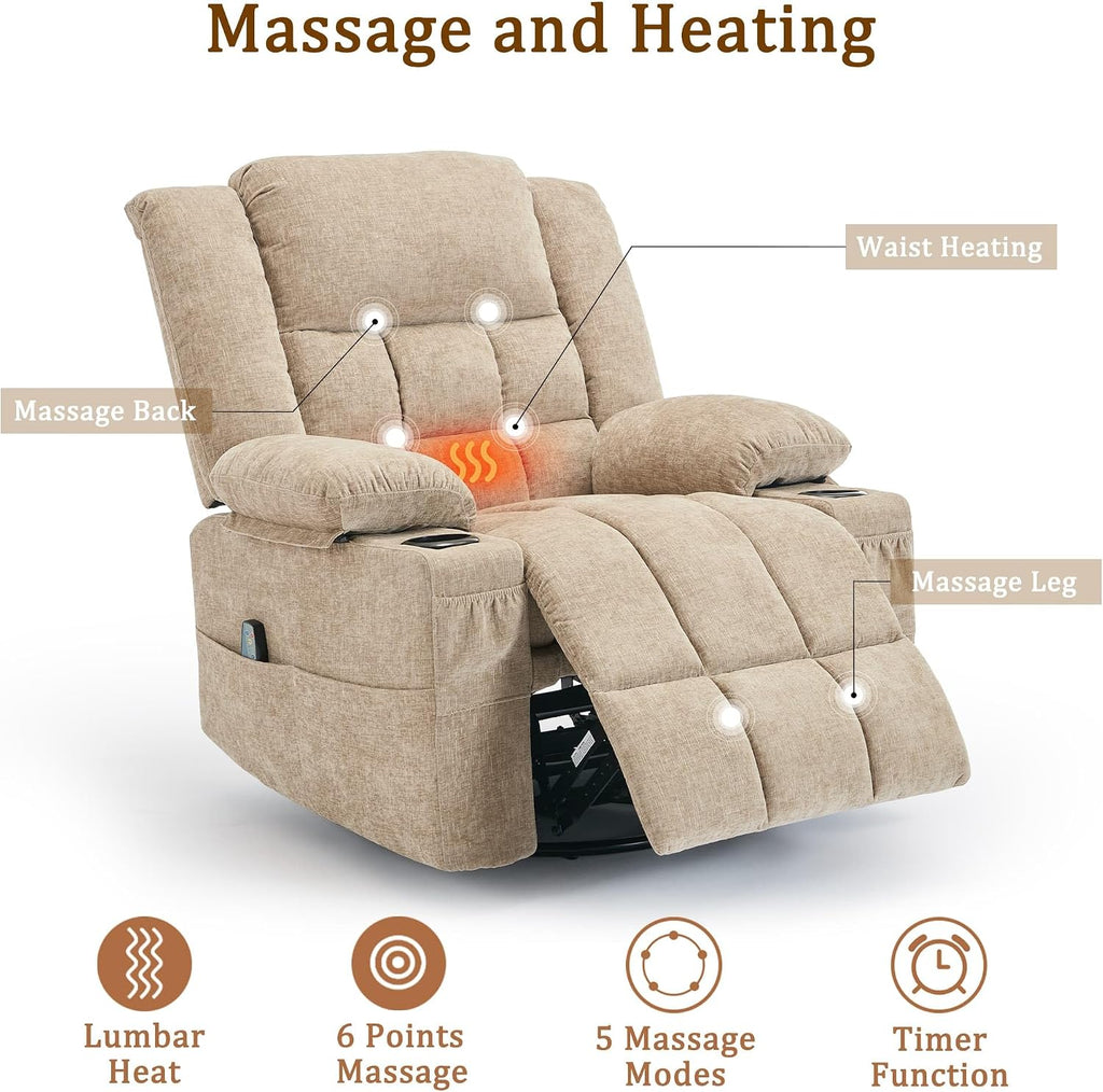 Korser 360° Swivel Rocker Recliner for Adults, Nursery Glider Recliner with Massage and Heating, Rocking Chair with Cup Holder, Manual Recliner Chair for Living Room, Bedroom (Fabric, Khaki)