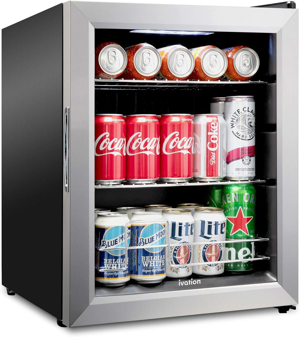 Ivation 62 Can Beverage Refrigerator, Freestanding Ultra Cool Mini Fridge, Beer, Cocktails, Soda, Juice Cooler for Home & Office, Reversible Glass Door & Adjustable Shelving - Stainless Steel