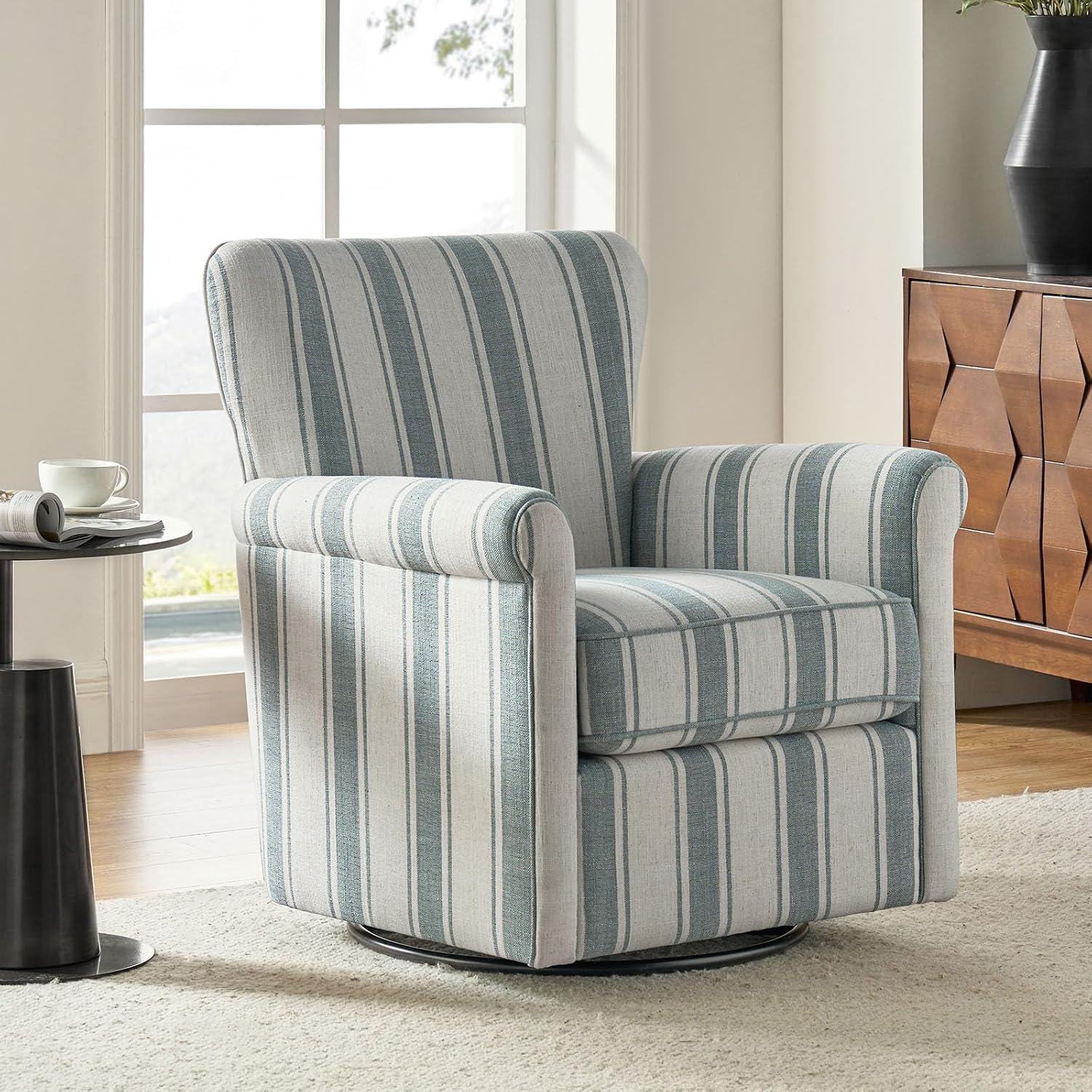 HULALA HOME Floral Fabric Swivel Rocking Chair, Swivel Rocker with Removable Backrest & Shakeable and Turntable Metal Base, Modern Single Sofa Chair for Living Room Nursery, Blue