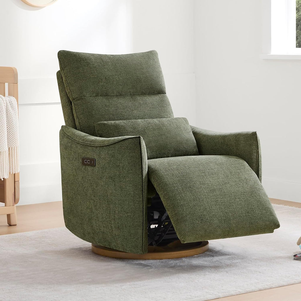CHITA Swivel Rocker Recliner Chair, Power Nursery Glider Recliner, Nursery Rocking Chair with Adjustable Power Headrest, FSC Certified, Solid Wood Base, Moss Green