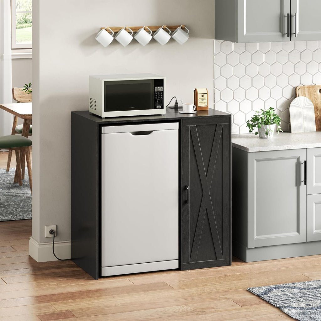 Herture Mini Fridge Cabinet with Storage, Coffee Bar Cabinet with Power Outlet, Fits 24' Wine Fridge, 3-Tier Organizer, Refrigerator Stand for Kitchen, Apartment, or Home Bar Black KH01MRB