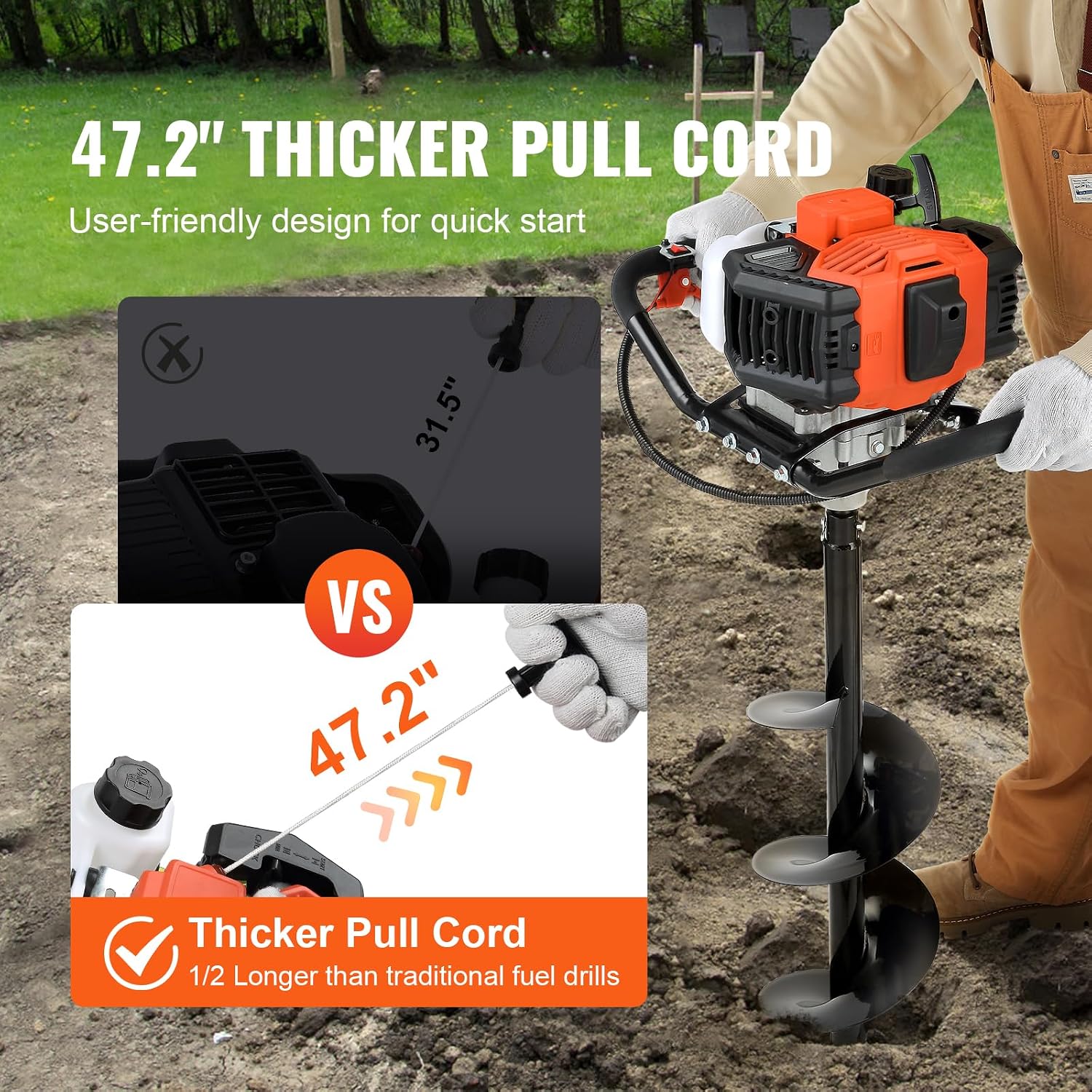 VEVOR Post Hole Digger, 43cc 1250W Auger Post Hole Digger, Gas Powered Earth Digger with 8' Earth Auger Drill Bit, 30 inch Long Alloy Steel Auger, for Farmland, Garden and Plant, EPA Certification