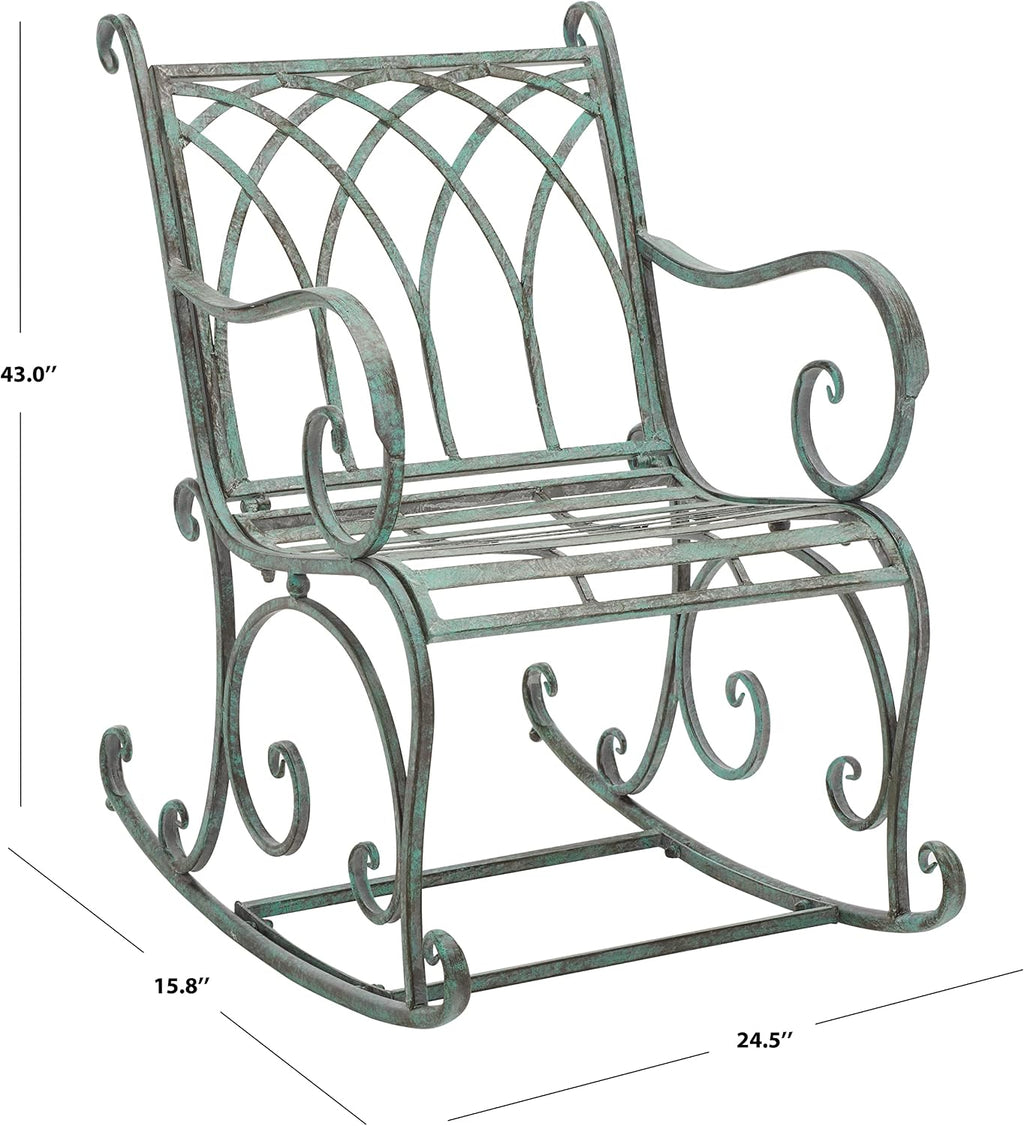 SAFAVIEH Outdoor - Medrano Iron Rocking Chair - Antique Dark Green Iron Metal - Vintage Ornate Scrollwork Design - Ideal for Patio, Deck, Porch, Garden, 15' Seat Height (PAT5030D)