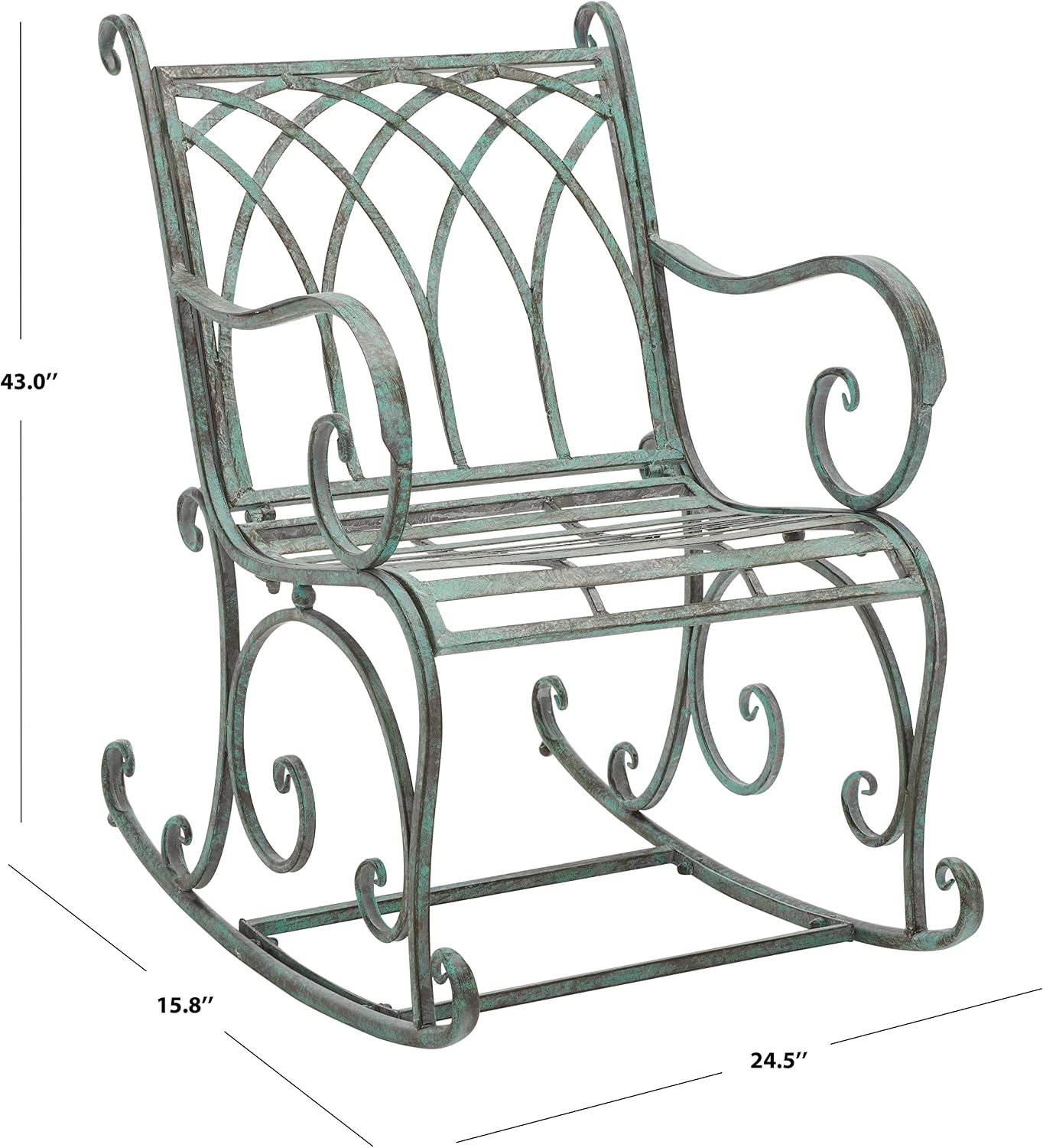 SAFAVIEH Outdoor - Medrano Iron Rocking Chair - Antique Dark Green Iron Metal - Vintage Ornate Scrollwork Design - Ideal for Patio, Deck, Porch, Garden, 15' Seat Height (PAT5030D)