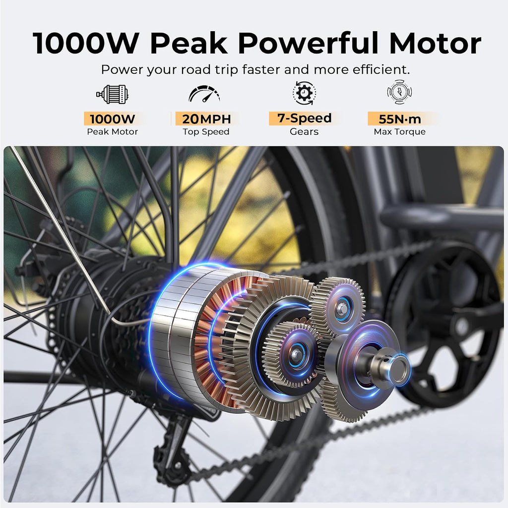 Electric Bike for Adults, Peak 1000W Ebike, 50Miles 20MPH UL 2849 Certified Commuter Bike, 26'' City Cruiser Bicycle with 48V Removable Battery, Rear Rack, Adjustable Stem, 7 Speed