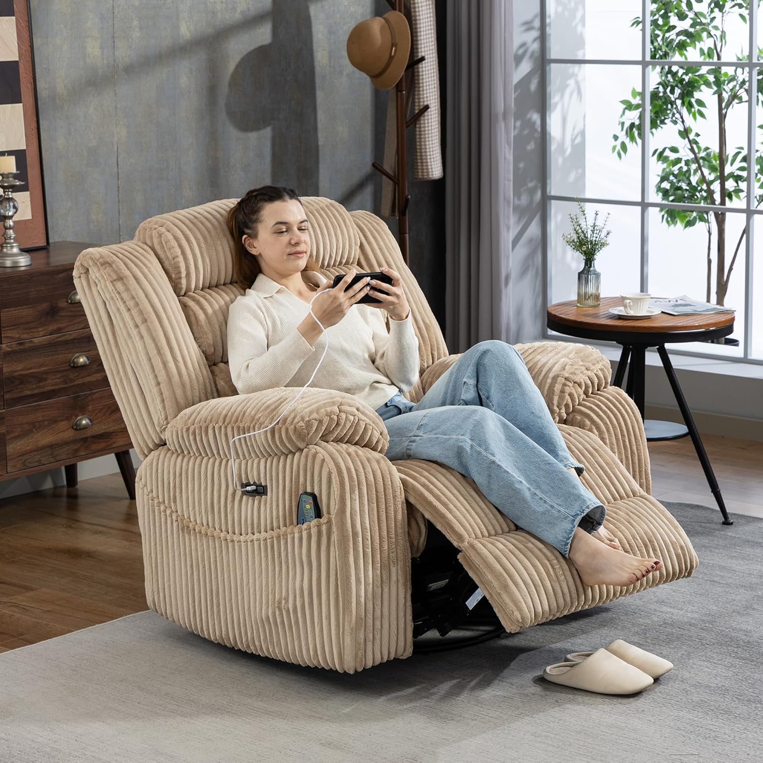 SINCRUMI Power Swivel Rocker Recliner Chair for Adults with Vibration and Heat, USB and Type-C Charging Port, Infinite Position, Electric Glider Rocking Chairs for Living Room, Nursery, Light Camel