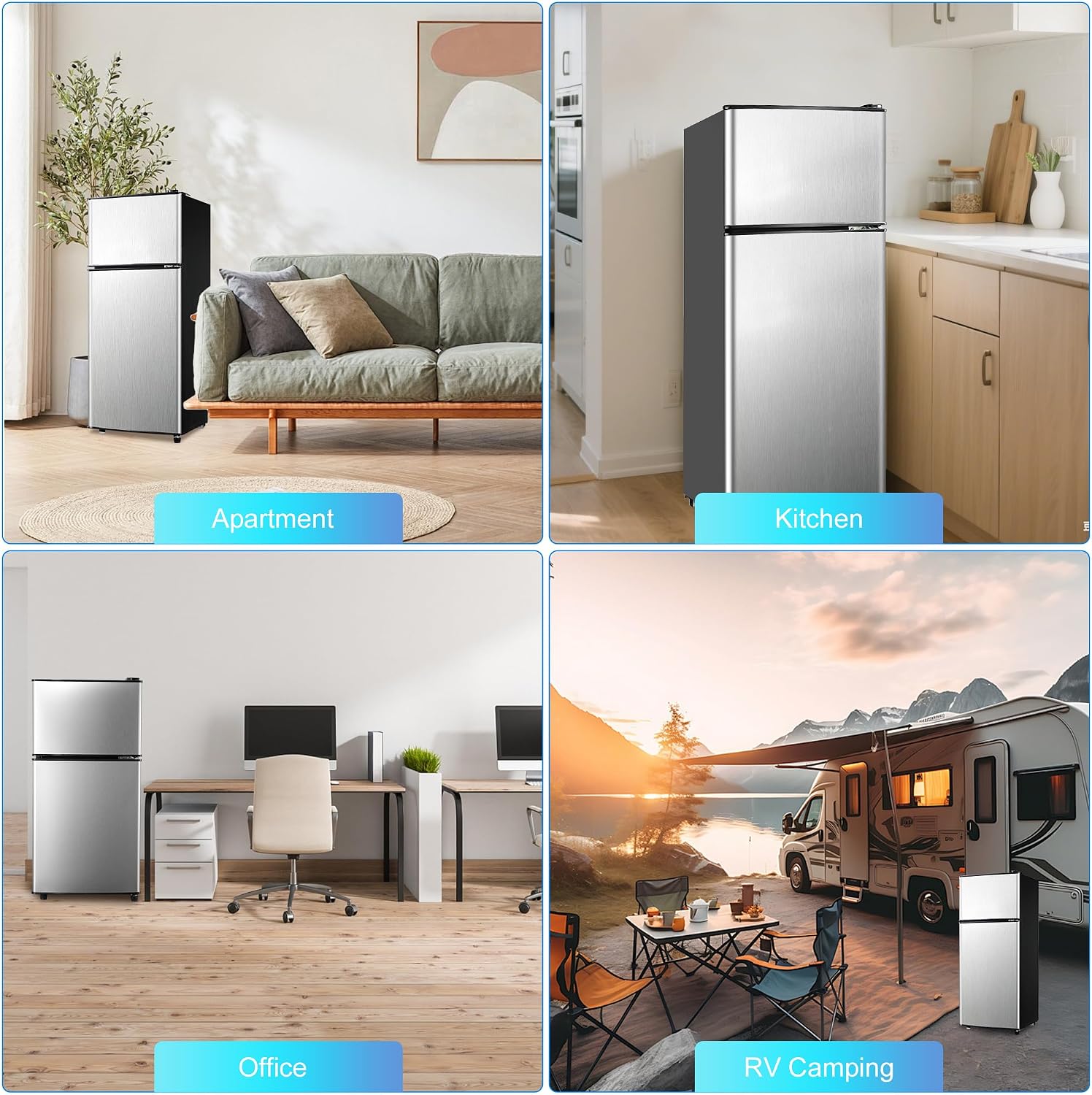 Mini Fridge with Freezer, 4.0 Cu. Ft. Double-Door Mini Refrigerator with 7-Level Adjustable Thermostat & Adjustable Glass Shelves, Compact Dorm Fridge 37 dB Low Noise for Bedroom, Apartment, Silver