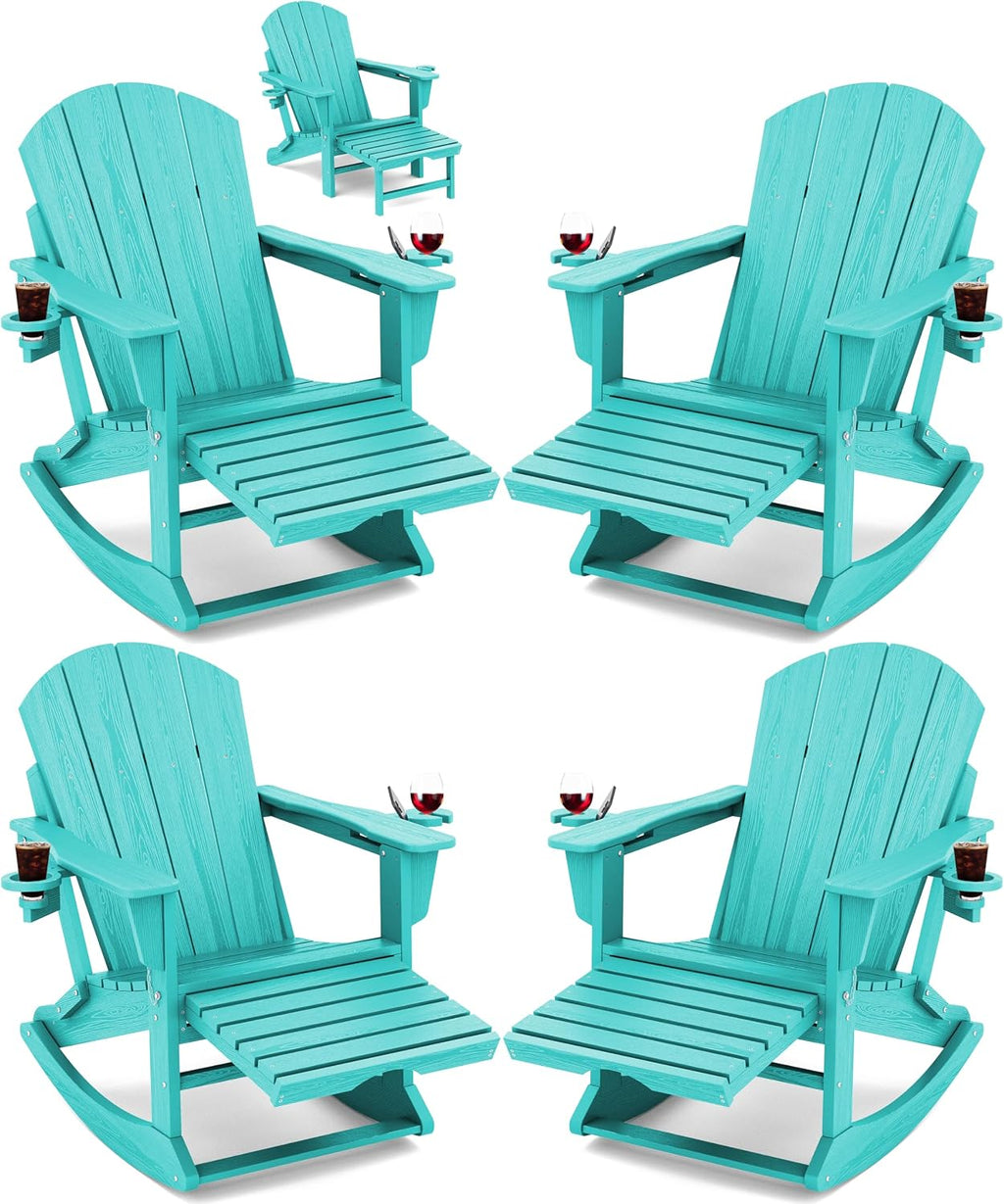 KINGYES Adirondack Rocking Chair Set of 4 with Retractable Ottoman and Cup Holders, HDPE Adirondack Rocker Patio Rocking Chair for Porch, Patio, Balcony, Aqua Blue