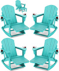 KINGYES Adirondack Rocking Chair Set of 4 with Retractable Ottoman and Cup Holders, HDPE Adirondack Rocker Patio Rocking Chair for Porch, Patio, Balcony, Aqua Blue