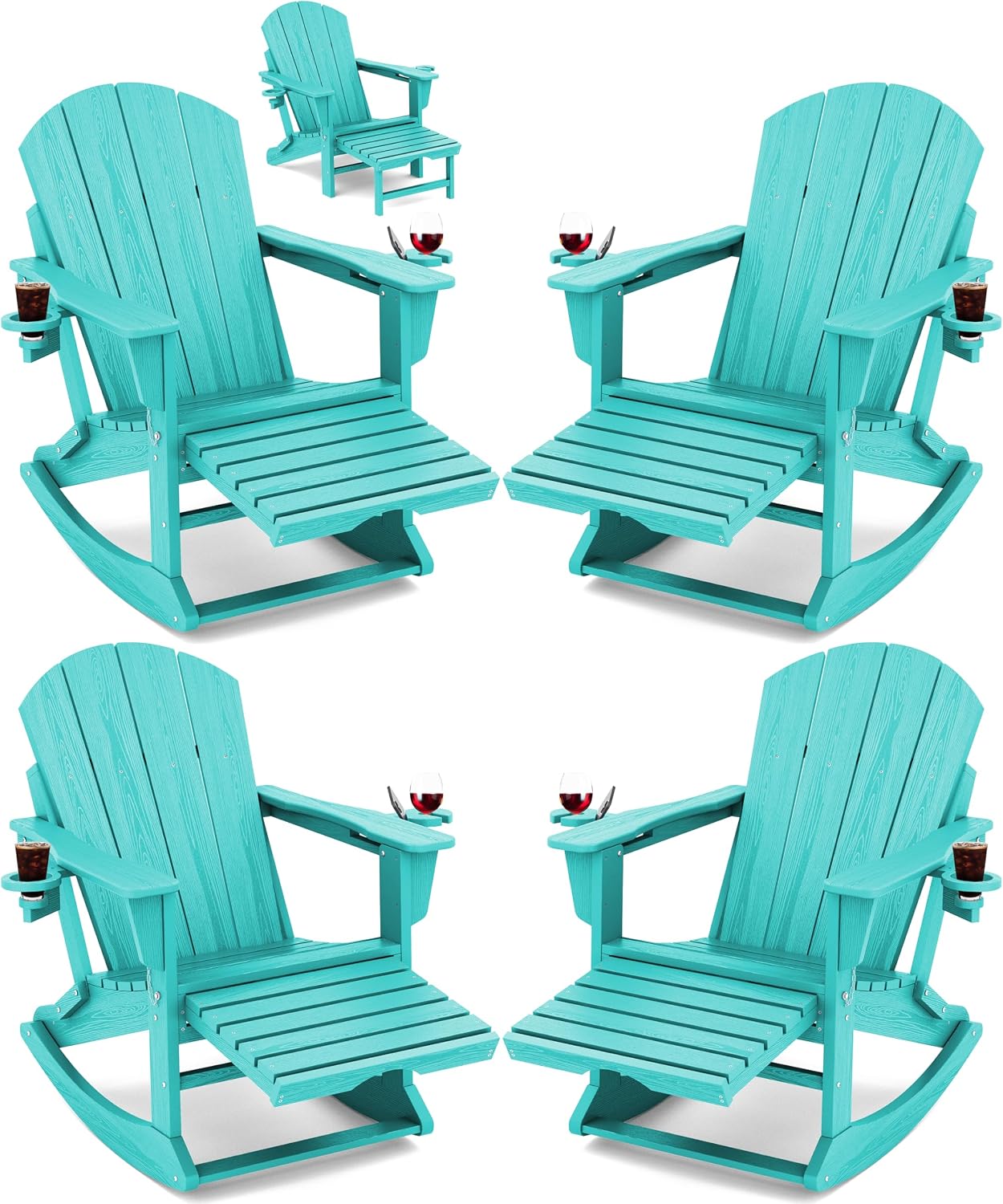 KINGYES Adirondack Rocking Chair Set of 4 with Retractable Ottoman and Cup Holders, HDPE Adirondack Rocker Patio Rocking Chair for Porch, Patio, Balcony, Aqua Blue