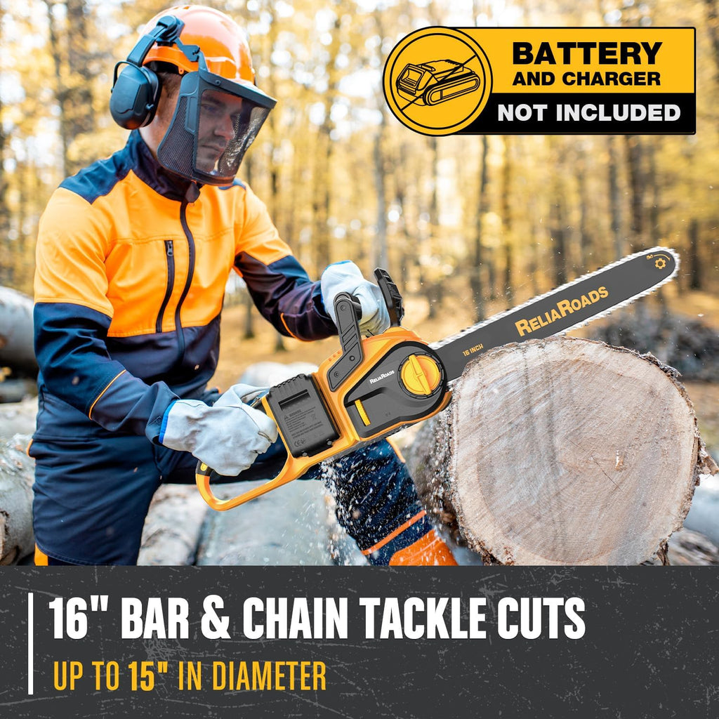ReliaRoads 16-Inch Brushless Chainsaw, 40V (2 x 20V MAX) Cordless Battery Powered Chain Saw Kit (Includes 2 Chains) Compatible DeWALT Battery for Wood/Tree Cutting and Pruning (Battery Not Included)