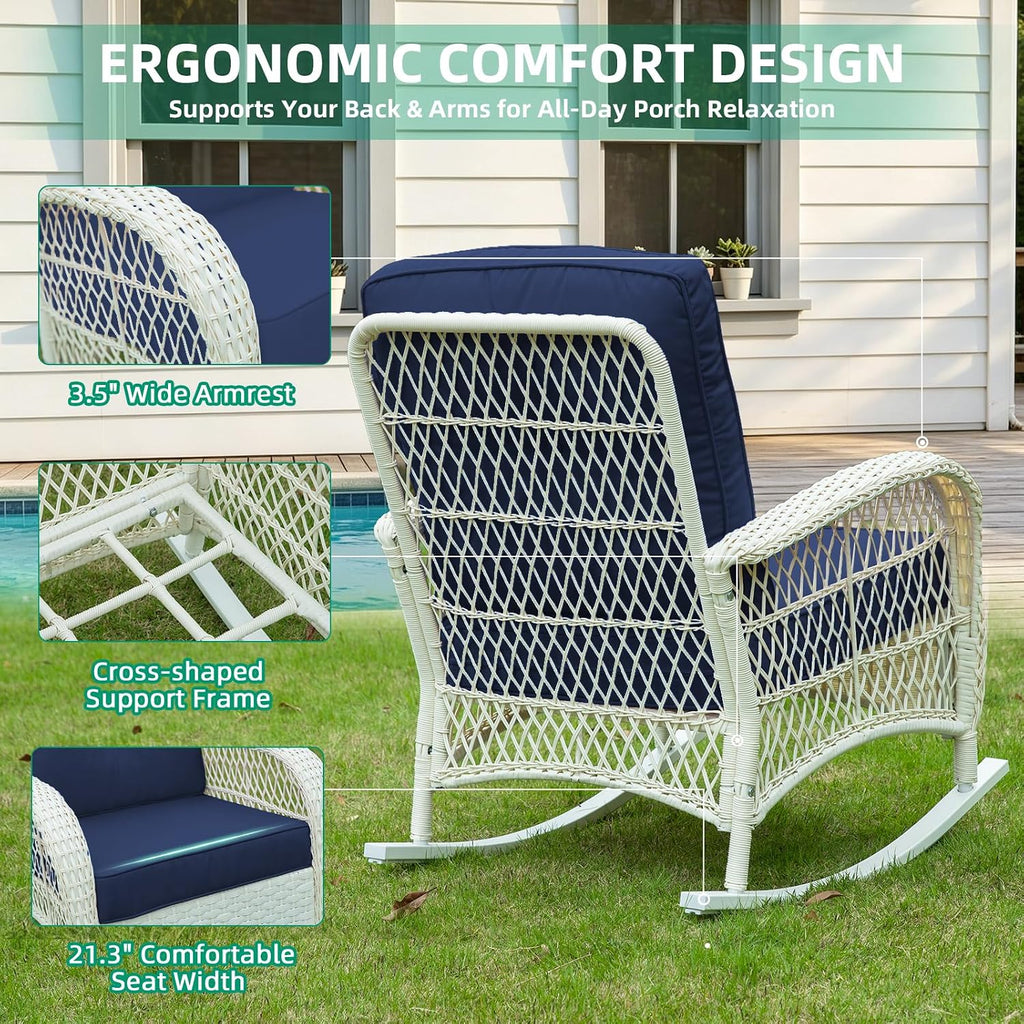 VIVIJASON Outdoor Wicker Rocking Chair, Patio Rattan Rocker Chair with Cushions & Steel Frame, All-Weather Rocking Lawn Furniture for Garden Backyard Porch, Cream White/Navy Blue