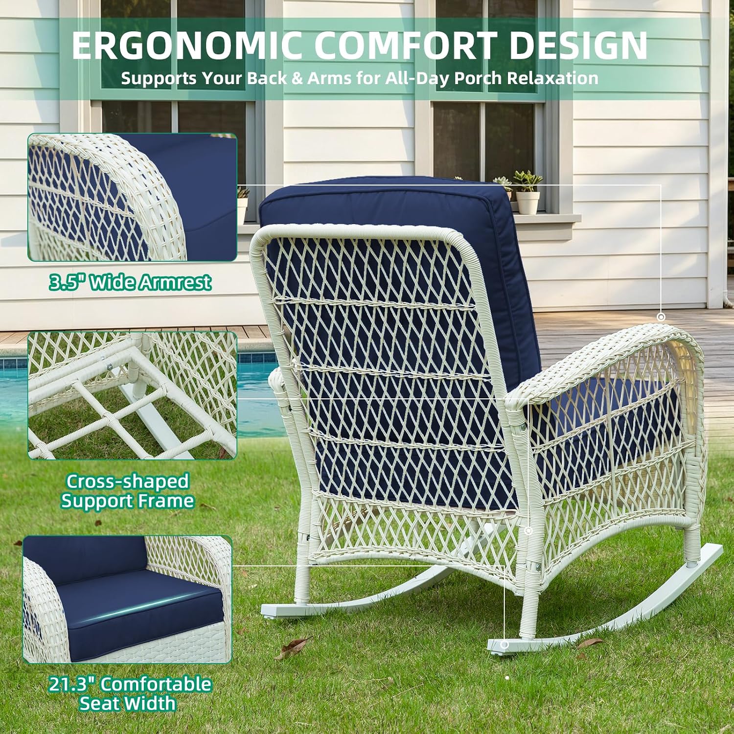 VIVIJASON Outdoor Wicker Rocking Chair, Patio Rattan Rocker Chair with Cushions & Steel Frame, All-Weather Rocking Lawn Furniture for Garden Backyard Porch, Cream White/Navy Blue