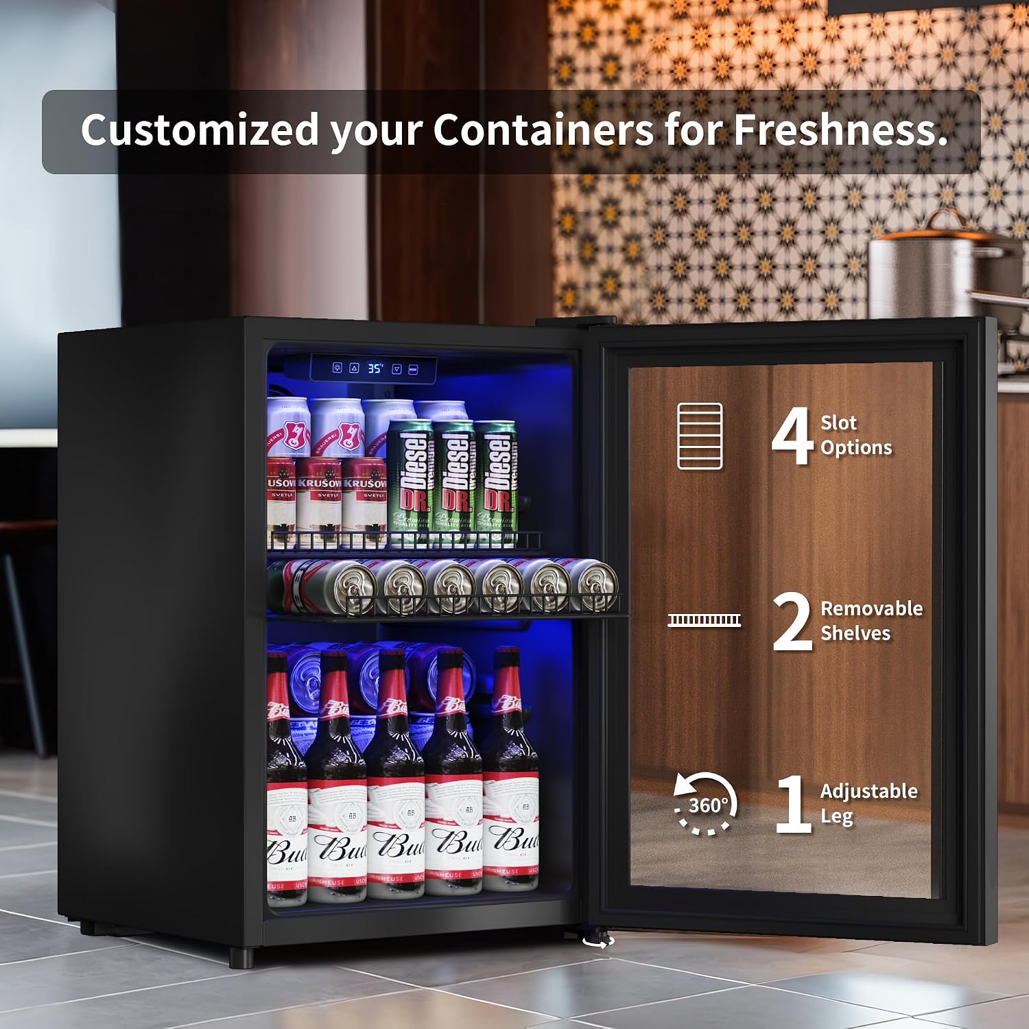 Tehanld 2.5 Cu.Ft Wine Fridge, Beverage Fridge With Glass Door, Wine Cooler Refrigerator, Beverage Drink Beer Cooler, Adjustable Shelves & Digital Temperature Display, 22 Bottle 95 Can