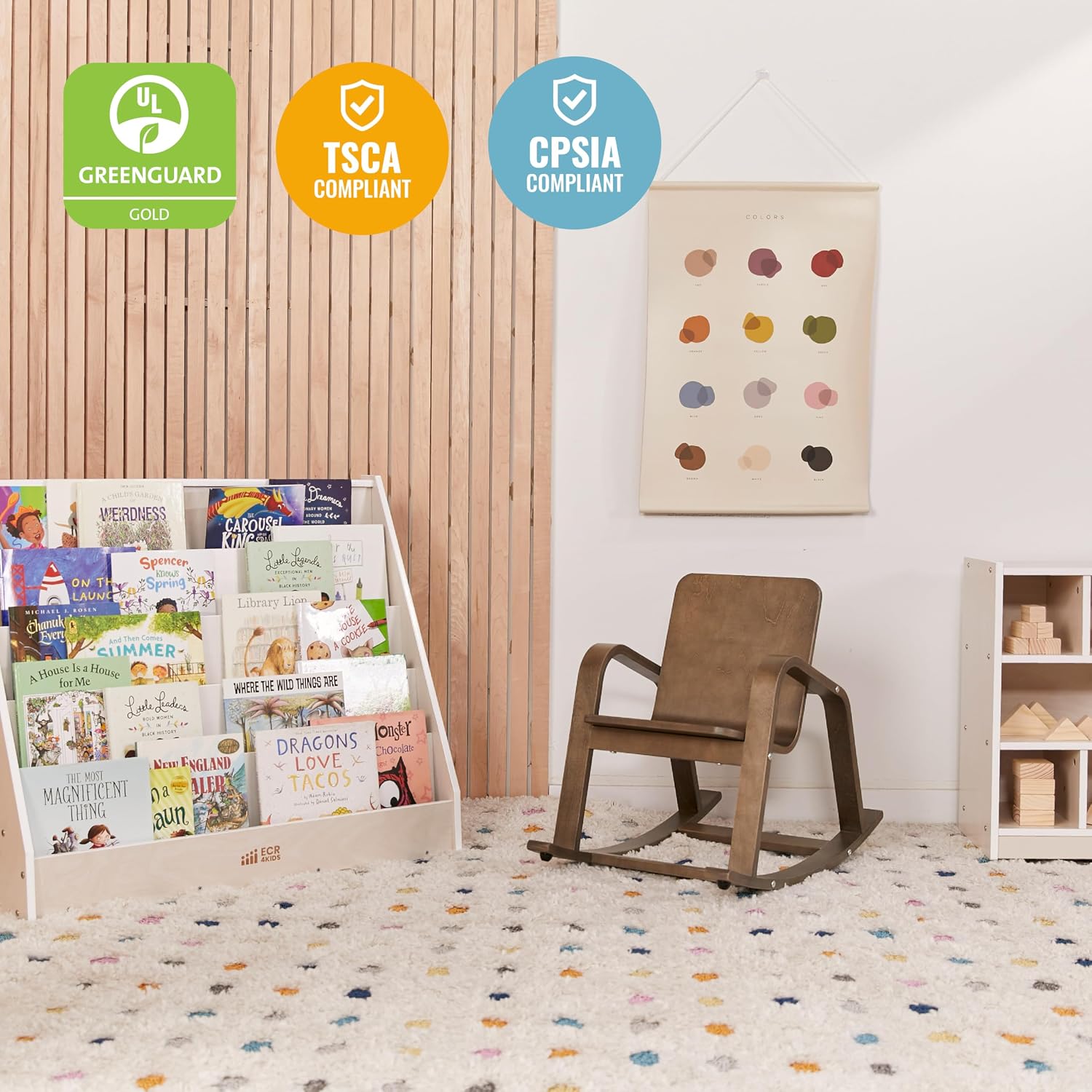 ECR4Kids Bentwood Reading Rocking Chair with Armrests, Montessori Furniture, Grey Wash