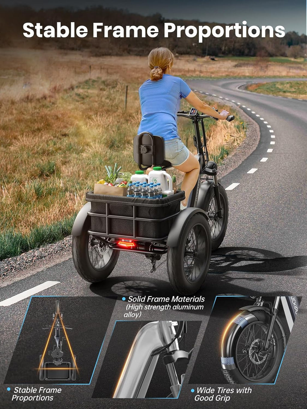 PUCKIPUPPY Electric Tricycle for Adult with 960W Peak Motor, 60 Miles Range Pickup Class Trike, 500 Lbs Load Electric Trike with Rear Differential and 20' Fat Tires, 48V 17.4AH Cell Battery, Husky