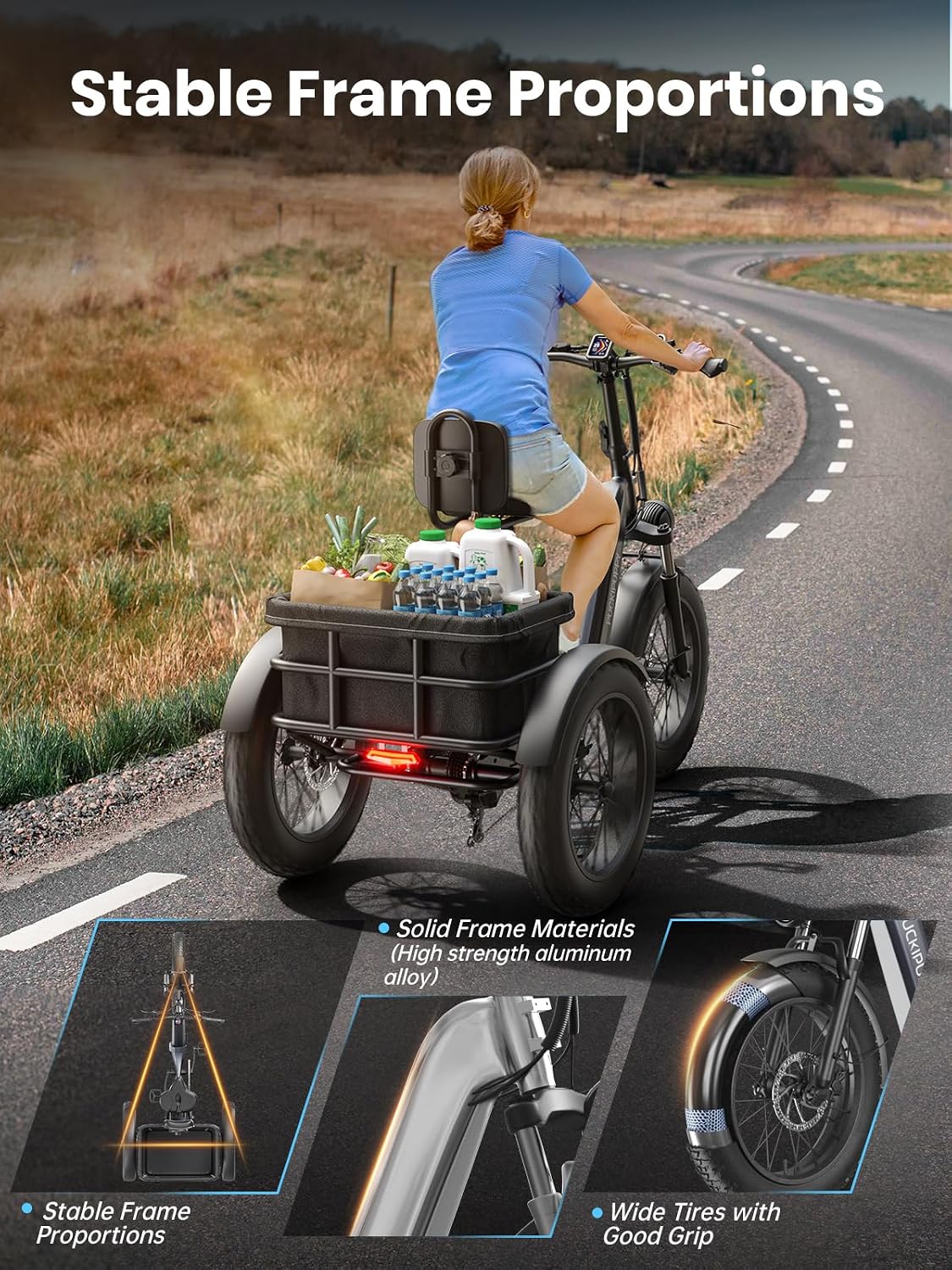 PUCKIPUPPY Electric Tricycle for Adult with 960W Peak Motor, 60 Miles Range Pickup Class Trike, 500 Lbs Load Electric Trike with Rear Differential and 20' Fat Tires, 48V 17.4AH Cell Battery, Husky