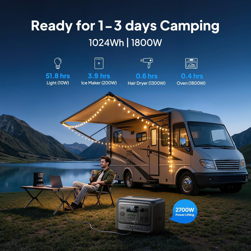 BLUETTI Elite 100 V2 Portable Power Station & Charger 2 (Ships Separately), 1024Wh LFP w/ 1800W AC, 1200W Alternator Charger, 1.2 H Full Charge via Car, Ideal for Car Camping, Vanlife, RV Travel