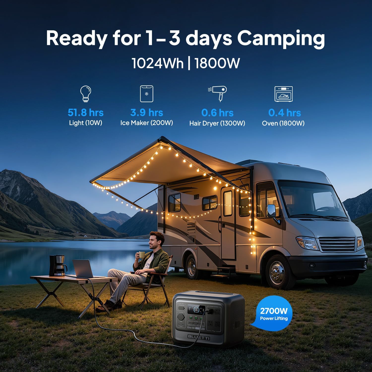 BLUETTI Elite 100 V2 Portable Power Station & Charger 2 (Ships Separately), 1024Wh LFP w/ 1800W AC, 1200W Alternator Charger, 1.2 H Full Charge via Car, Ideal for Car Camping, Vanlife, RV Travel