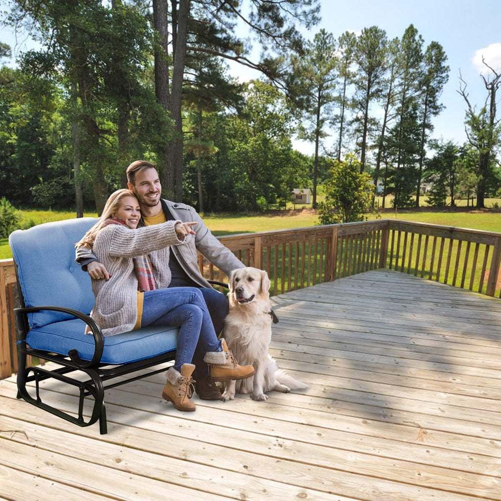 Giantex Outdoor Glider Bench, Patio 2 Person Loveseat with Removable Cushion, Padded Seat, Stable Steel Frame, Outside Glider Swing Chair for Deck, Poolside, Backyard, Balcony, Porch Glider(Navy)