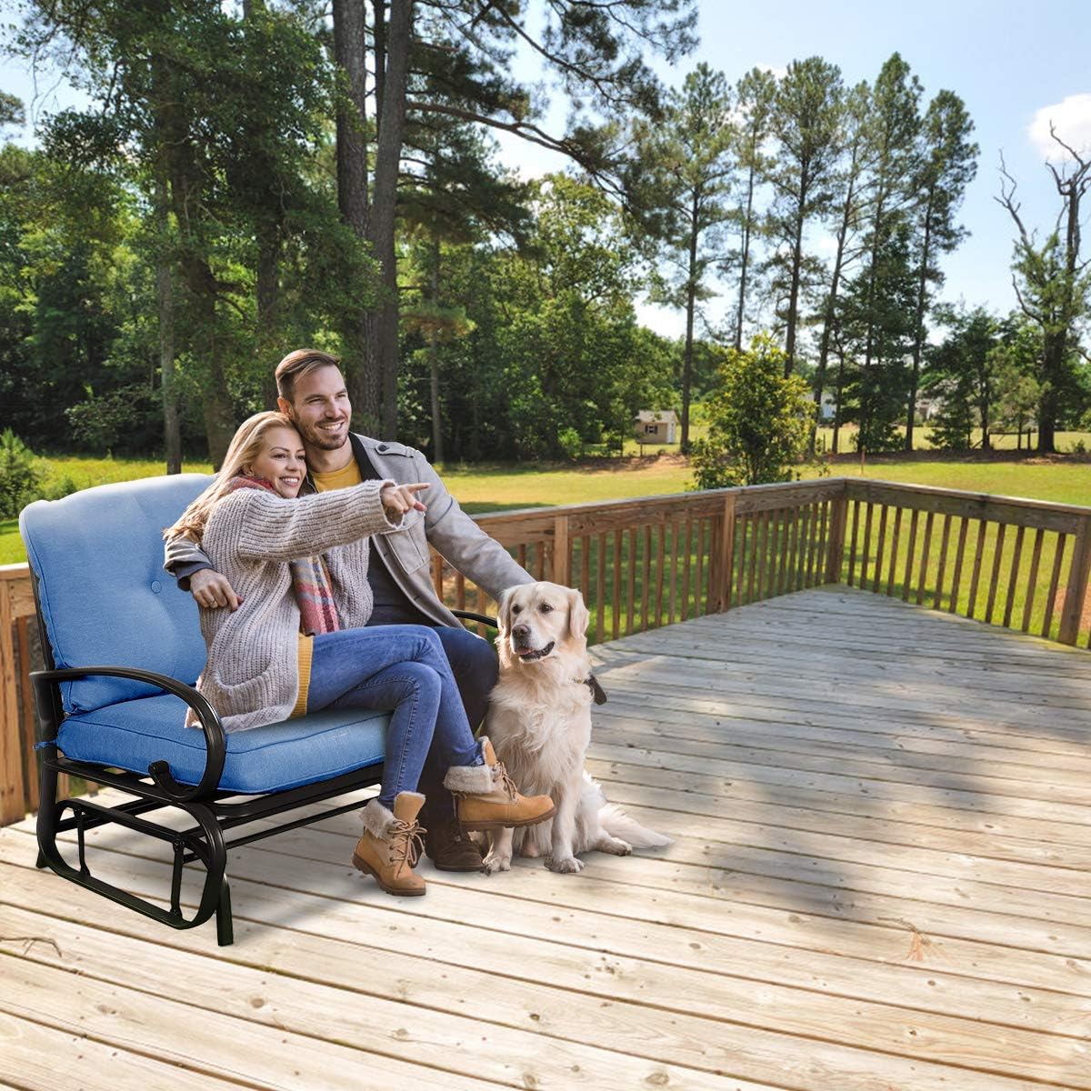 Giantex Outdoor Glider Bench, Patio 2 Person Loveseat with Removable Cushion, Padded Seat, Stable Steel Frame, Outside Glider Swing Chair for Deck, Poolside, Backyard, Balcony, Porch Glider(Navy)