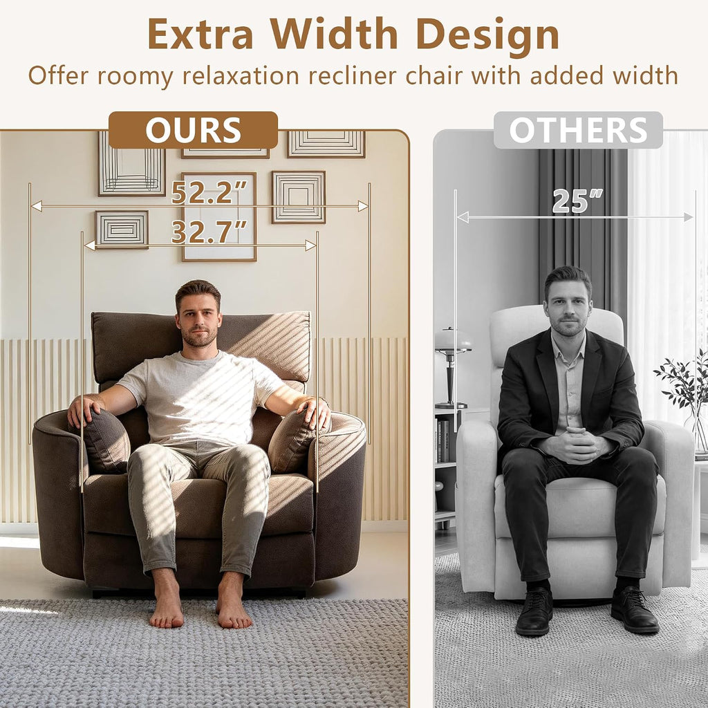 450lbs Oversized Power Recliner Chair for Big and Tall Adults, 52' Extra Wide Electric Recliner with USB & Type-C Ports, Chenille Fabric Single Sofa Chair for Living Room & Bedroom, Brown
