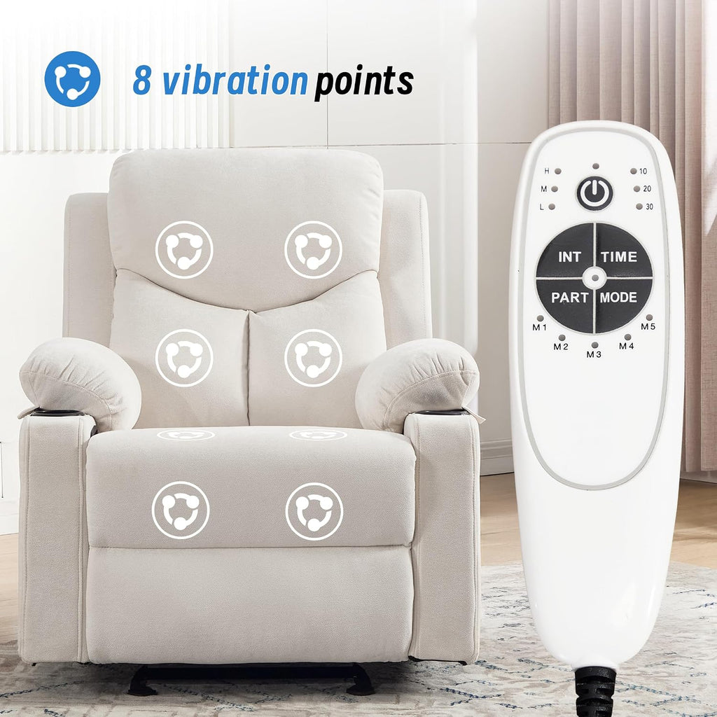 Manual Rocker Recliner Chair for Adults with Vibration Massage,Glider Rocking Recliner for Living Room Bedroom Nursery, Overstuffed Reclining Sofa Chair with Pockets and Cup Holds,Beige