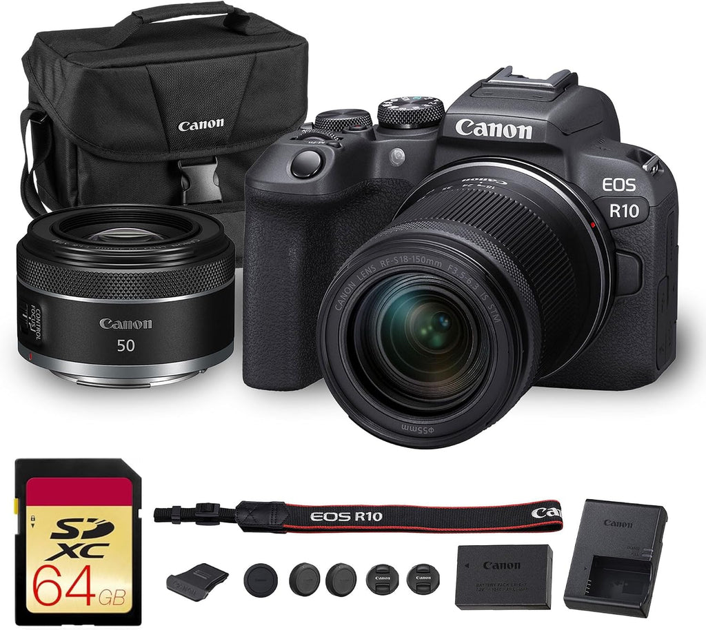 Canon EOS R10 Mirrorless Camera Kit | 24.2MP APS-C Sensor with RF-S 18-150mm Lens | 4K Video Dual Pixel AF Compact Travel Photography (5331C016) + Canon RF 50mm f/1.8 STM Lens + 64GB Card + Bag
