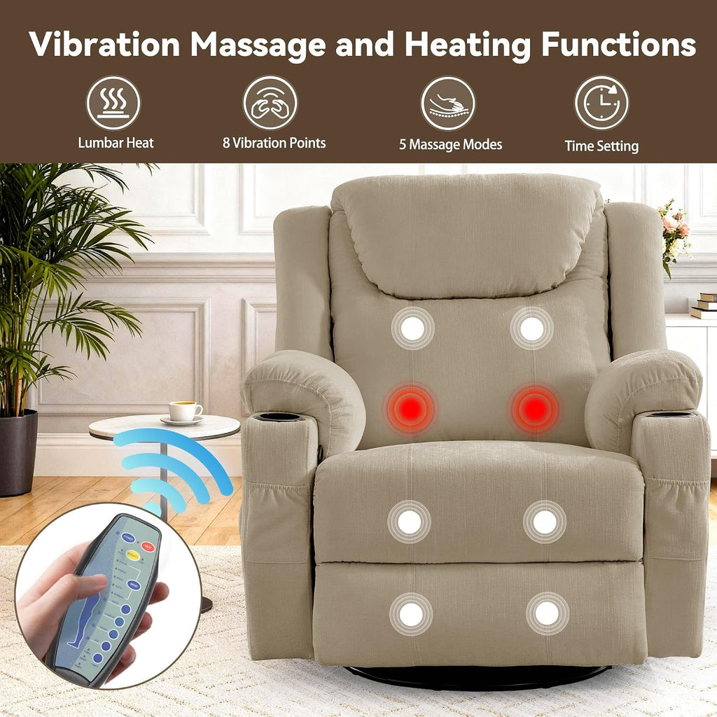 Korser Oversized Recliner Chair, 360° Swivel Recliner for Adults, Swivel Rocker Recliner Chair with Heat and Massage, Manual Recliner with Remote Control and Cup Holders for Living Room, Chenille