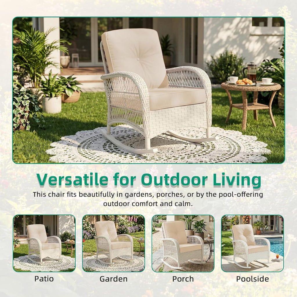 VIVIJASON Outdoor Wicker Rocking Chair, Patio Rattan Rocker Chair with Cushions & Steel Frame, All-Weather Rocking Lawn Furniture for Garden Backyard Porch, Cream White/Beige